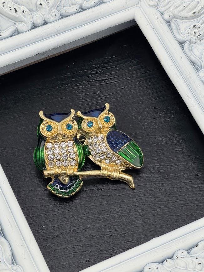 A decorative brooch featuring two ornate owls, one with green and blue accents and the other with blue and gold accents, is displayed on a black surface within a white ornate frame.