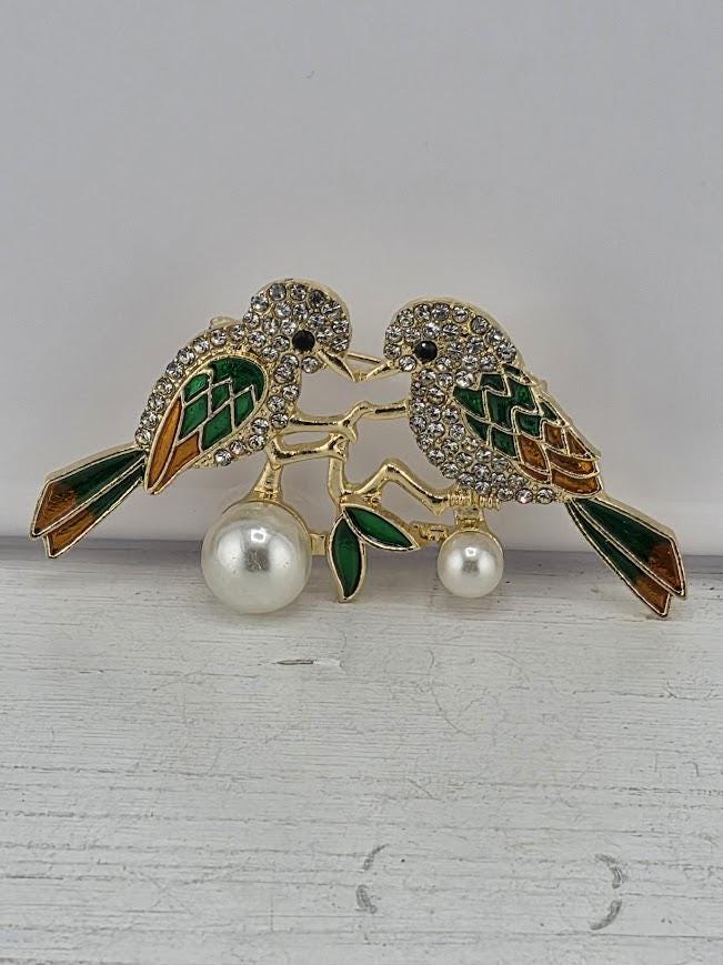 Bird Brooch: Nature Inspired Design (Gold Plated, Green & Orange Enamel)