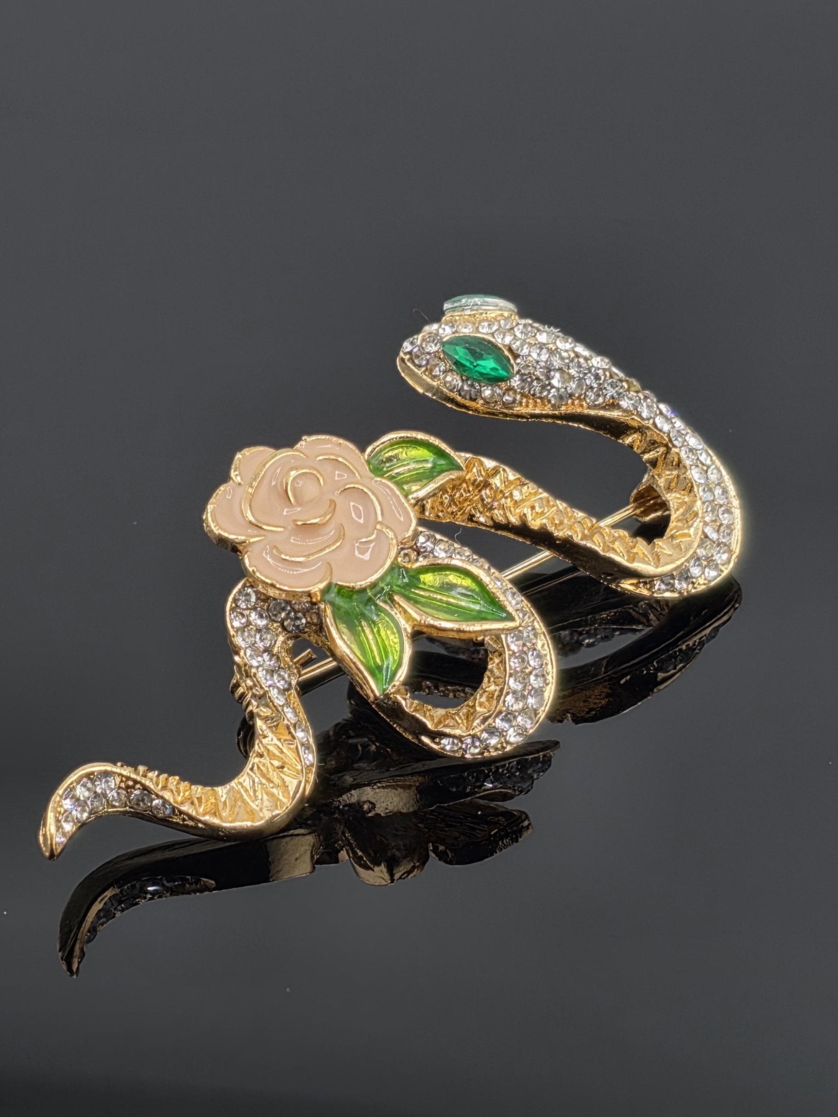 Gold Plated Snake and Rose Pin - Elegant Compact Floral Brooch