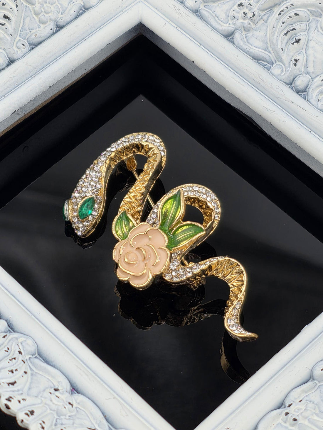 Gold Plated Snake and Rose Pin - Elegant Compact Floral Brooch