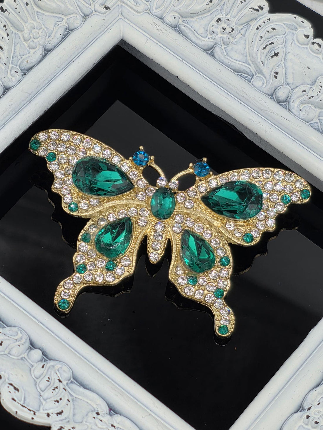 Butterfly Brooch: Gold Plated with Emerald Rhinestones - Lightweight Pin