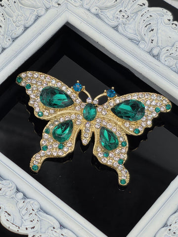 Butterfly Brooch: Gold Plated with Emerald Rhinestones - Lightweight Pin