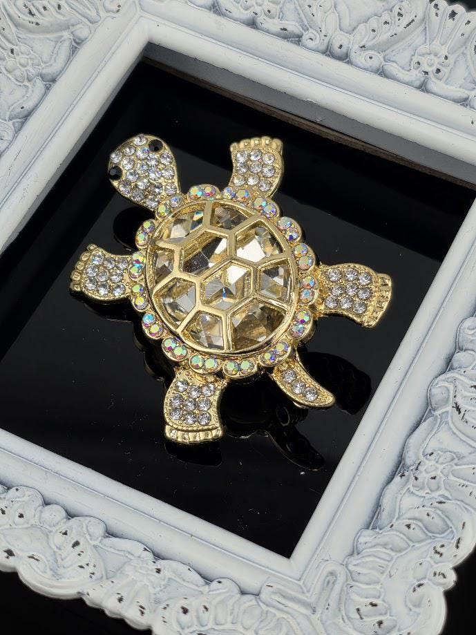 Turtle Brooch: Gold Tone Animal Pin (Cubic Zirconia Accent)