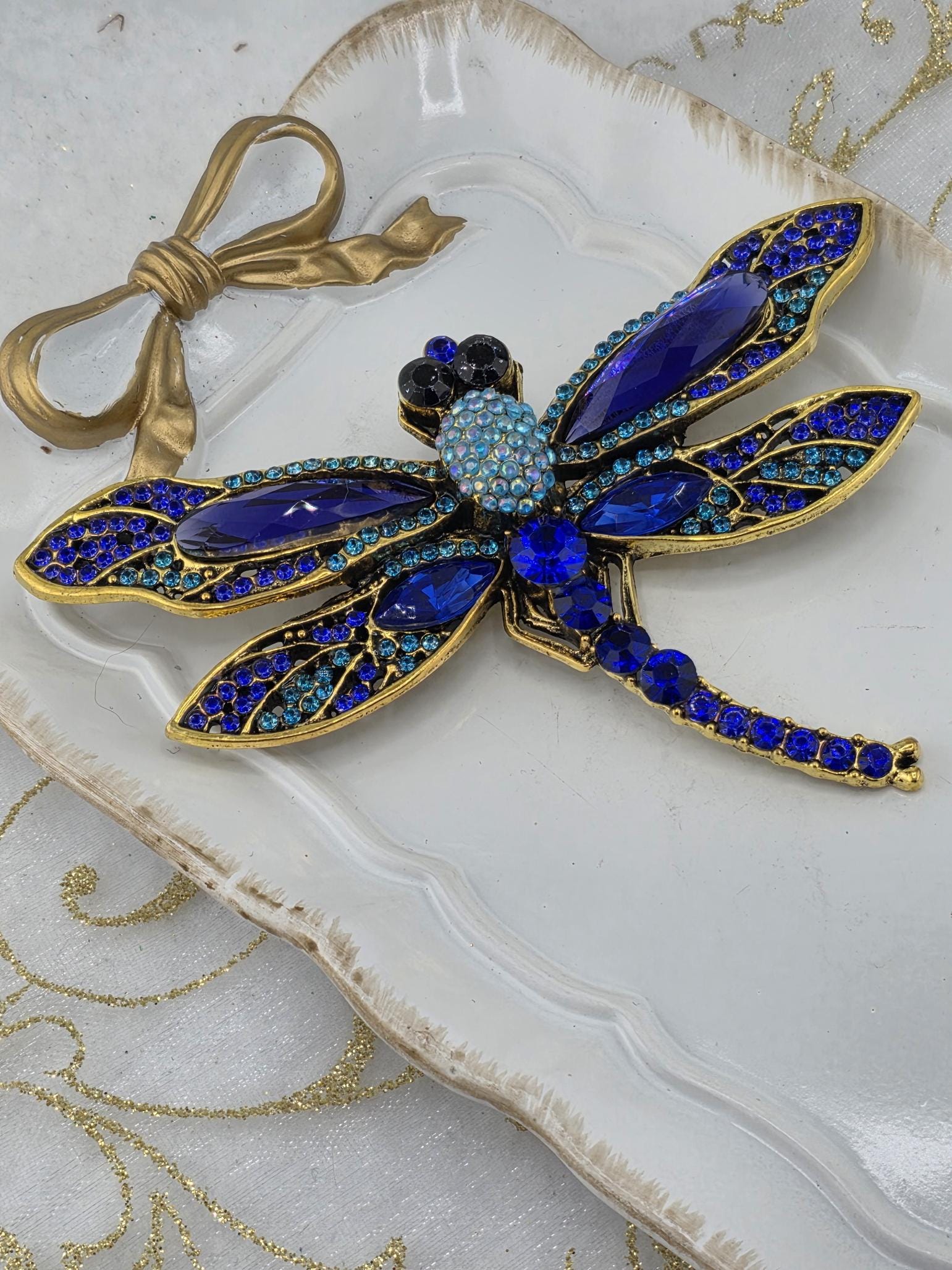Dragonfly Brooch Pin: Gold Plated with Blue Accent - Handmade