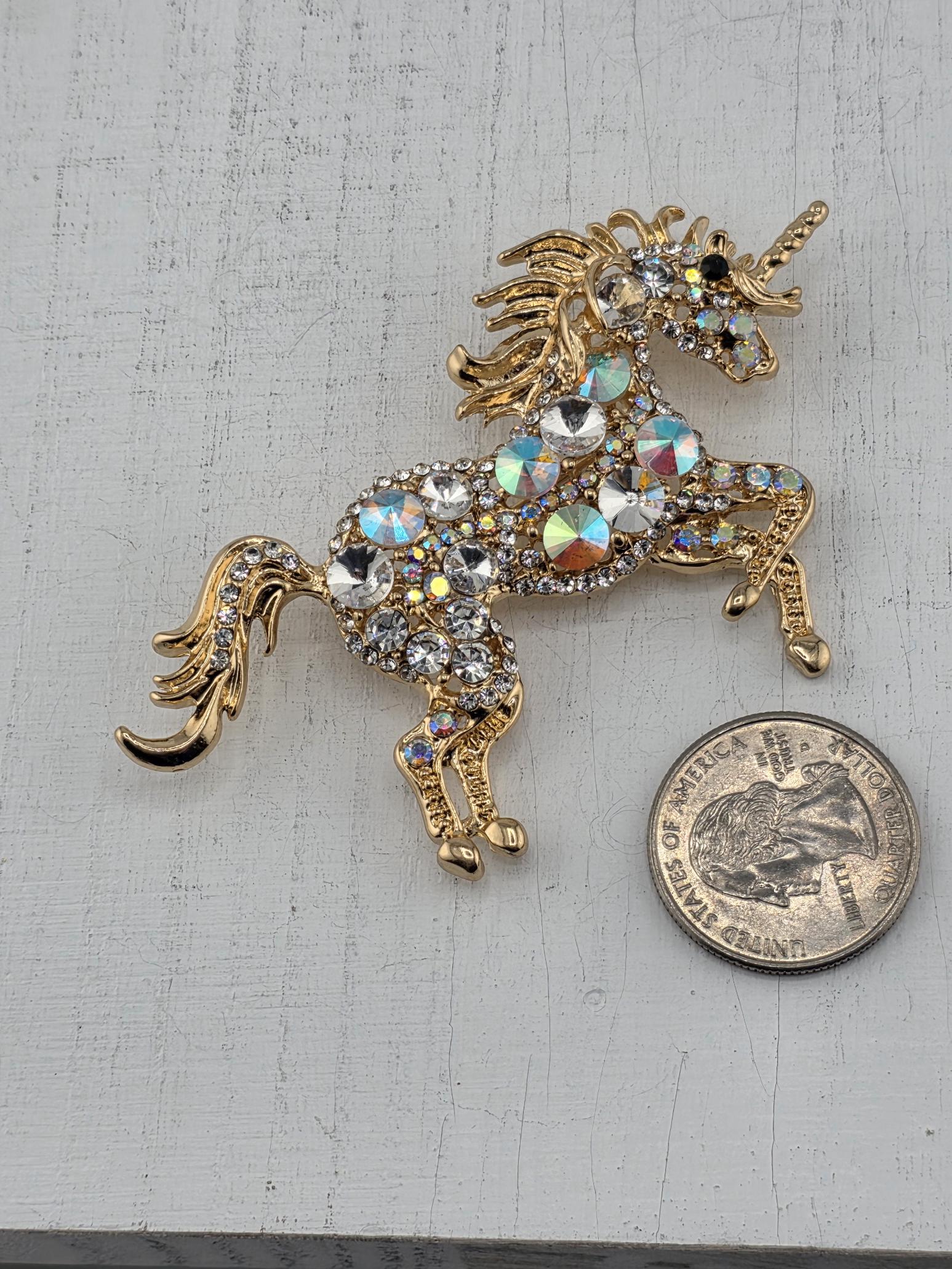 Unicorn Brooch: Gold Plated with Cubic Zirconia - Lightweight Pin