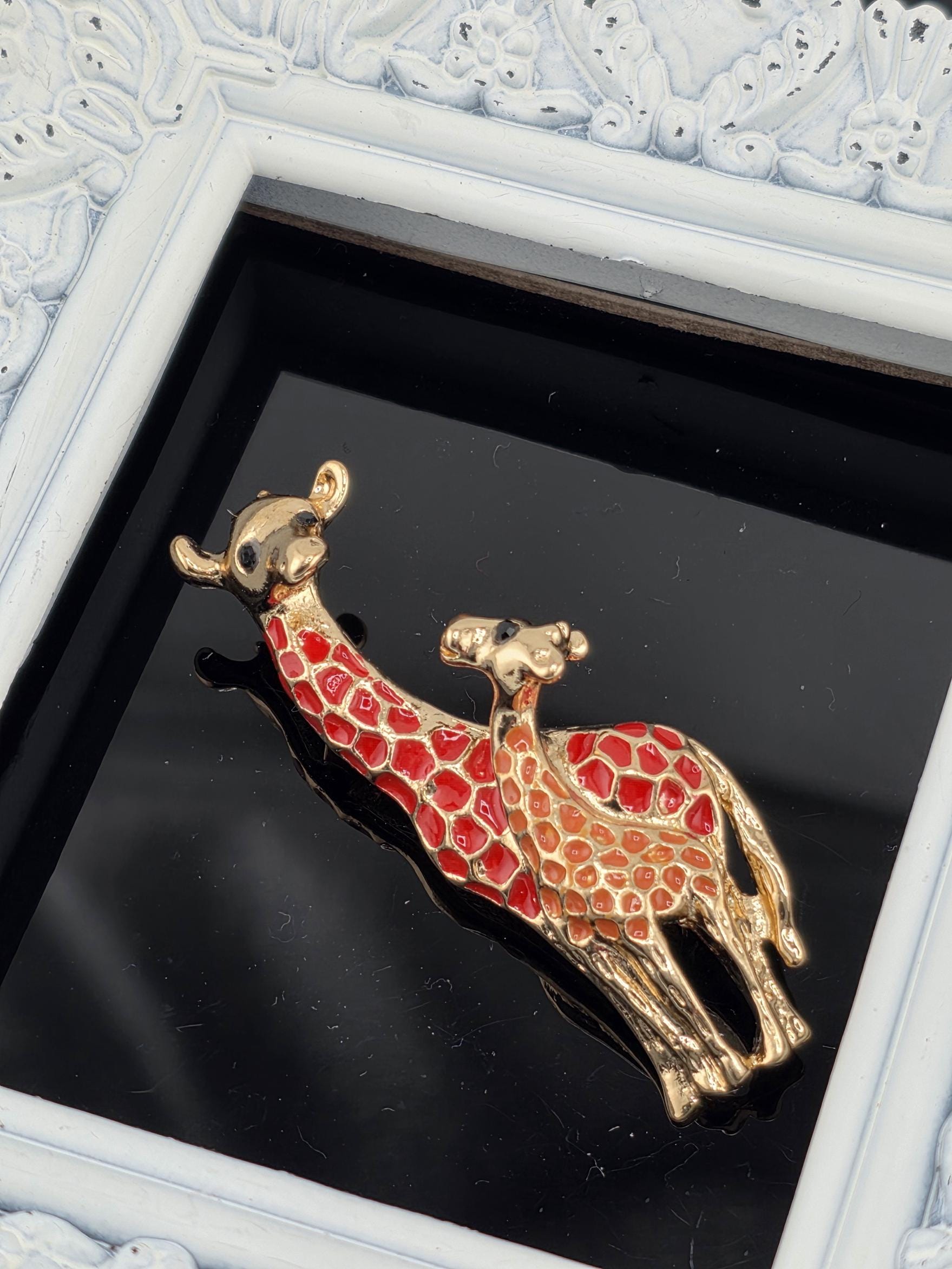 Gold Plated Giraffe Brooch: Red Enamel Accent, Nature Inspired