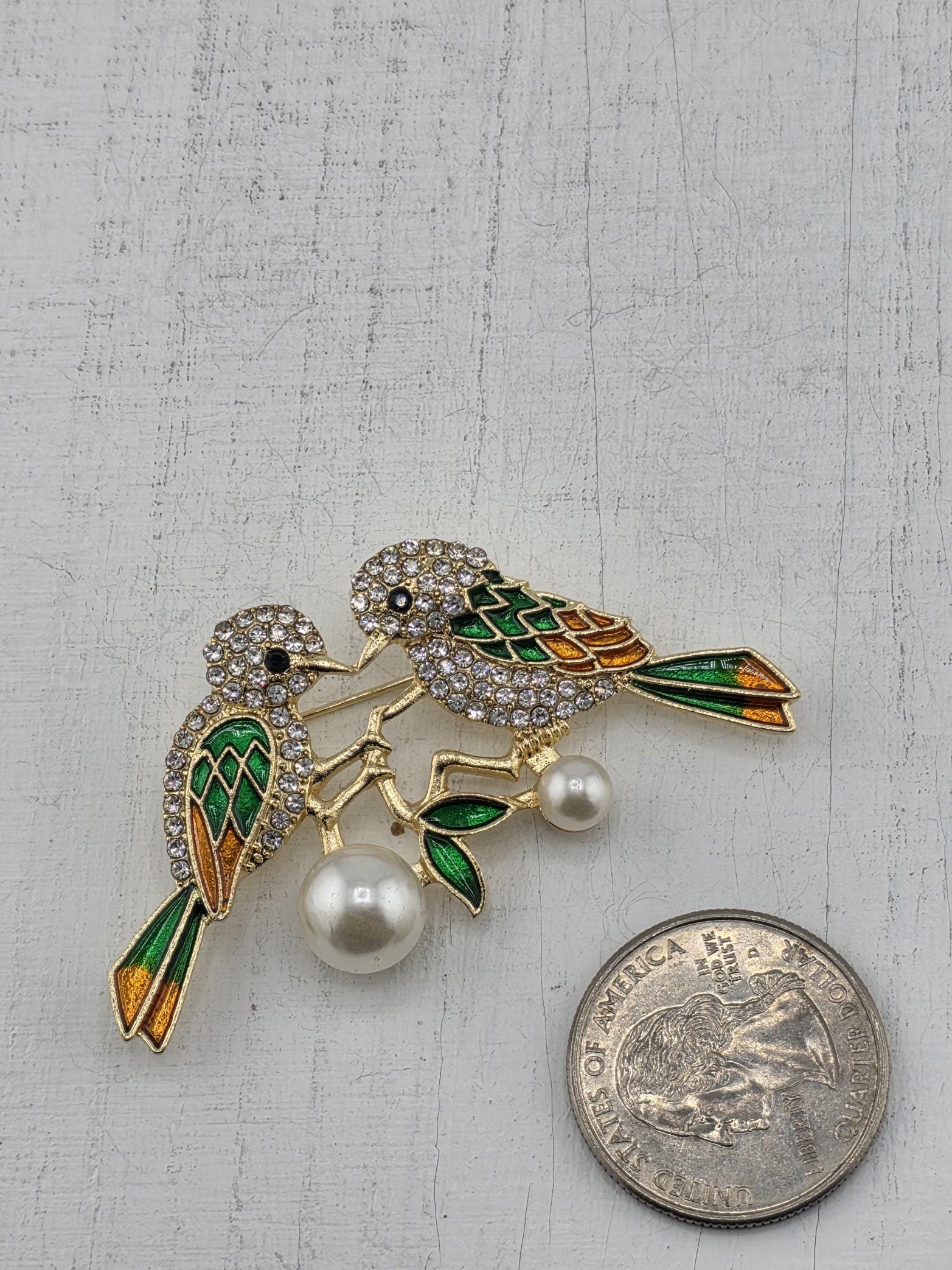 Bird Brooch: Nature Inspired Design (Gold Plated, Green & Orange Enamel)