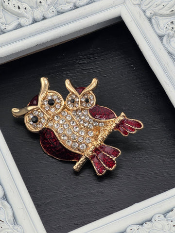 Gold Owl Brooch, Dark Red Gemstone (Lightweight Pin)