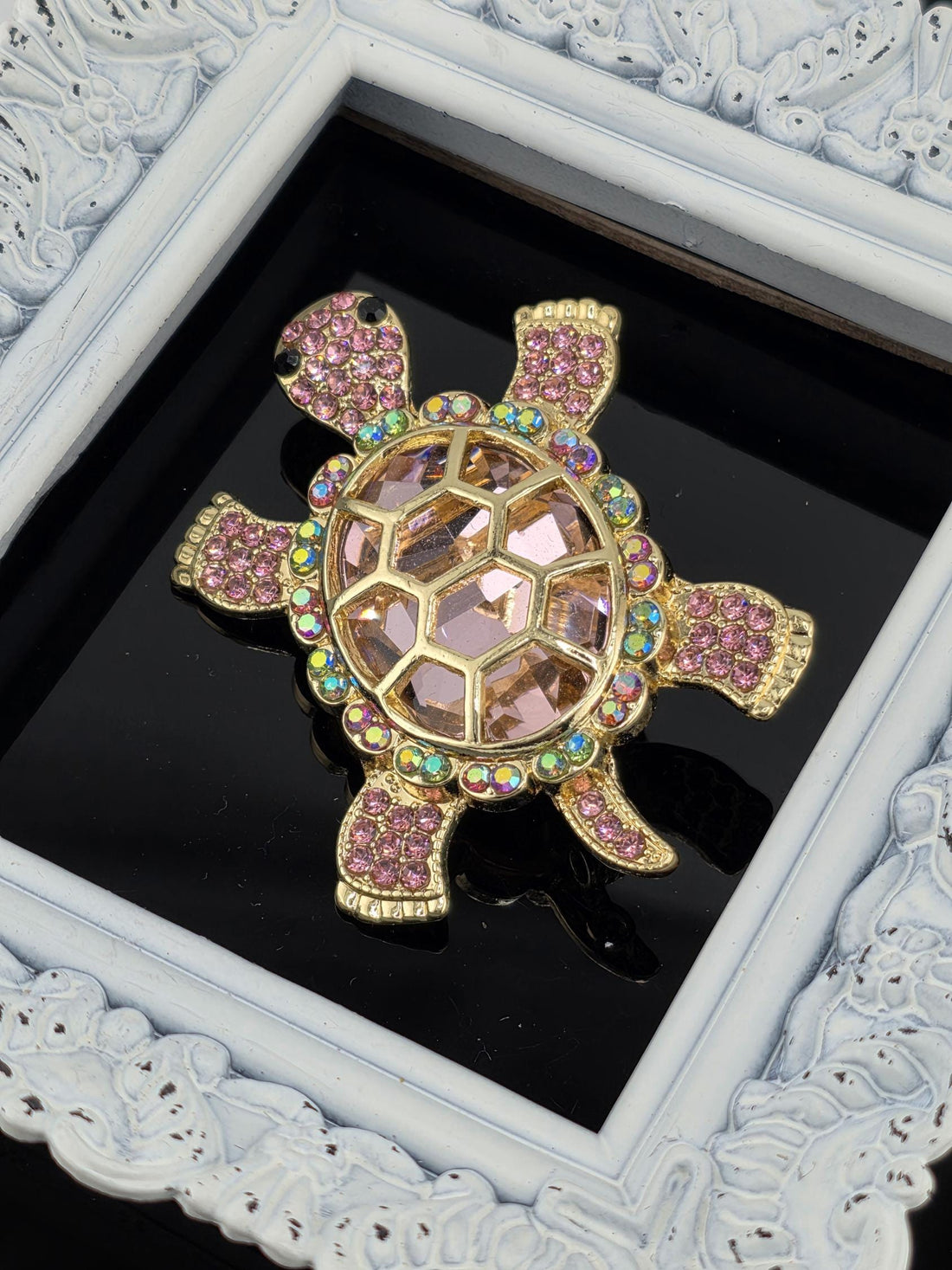 Beach Turtle Brooch: Gold Plated with Pink Rhinestones