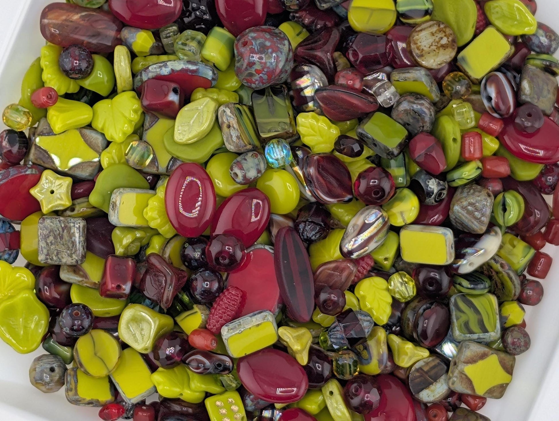 Exclusive "Poison Apple Blend" Dark Red and Chartreause Mix Czech Pressed Glass Beads (30g pkg)