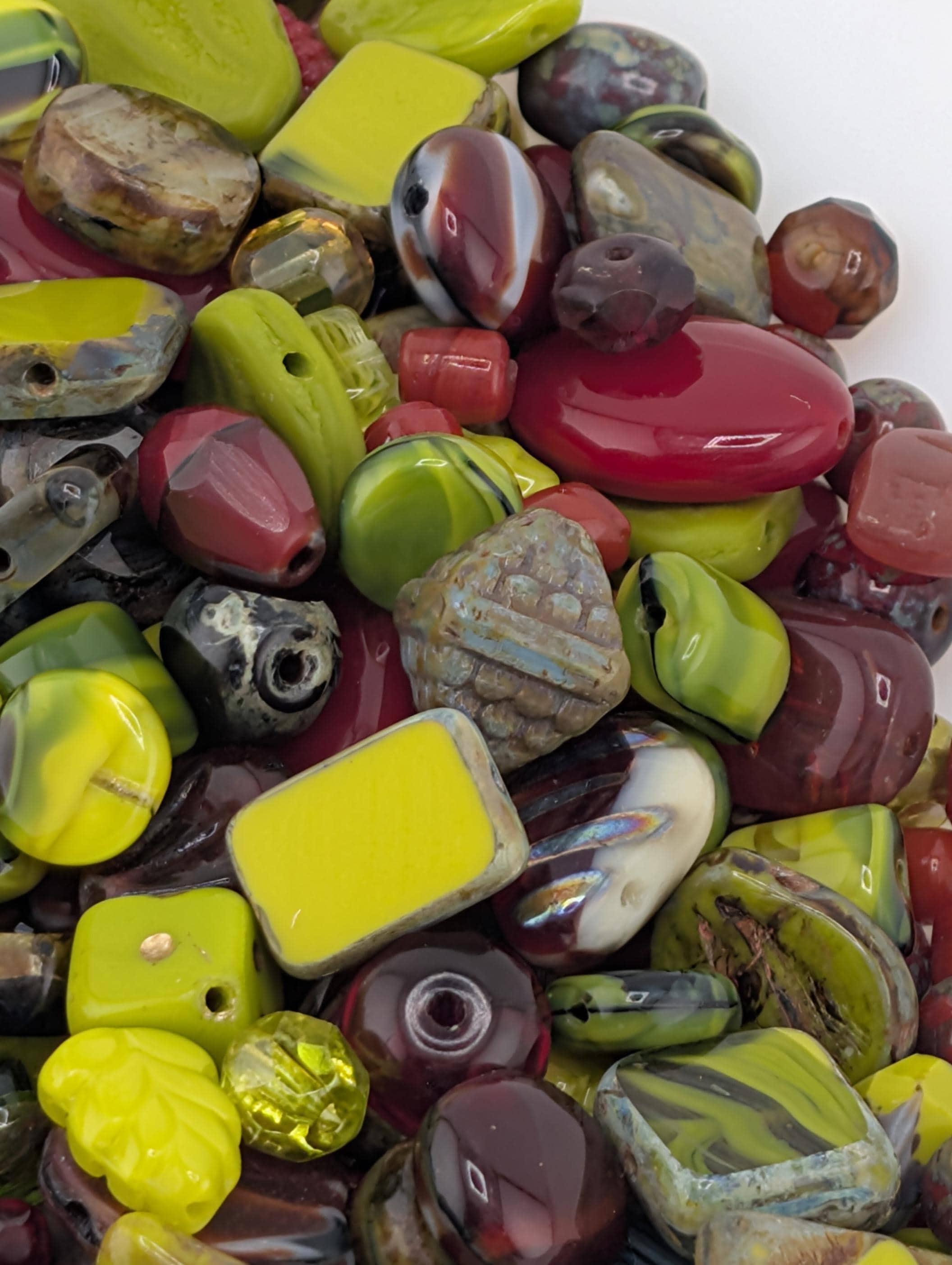 Exclusive "Poison Apple Blend" Dark Red and Chartreause Mix Czech Pressed Glass Beads (30g pkg)