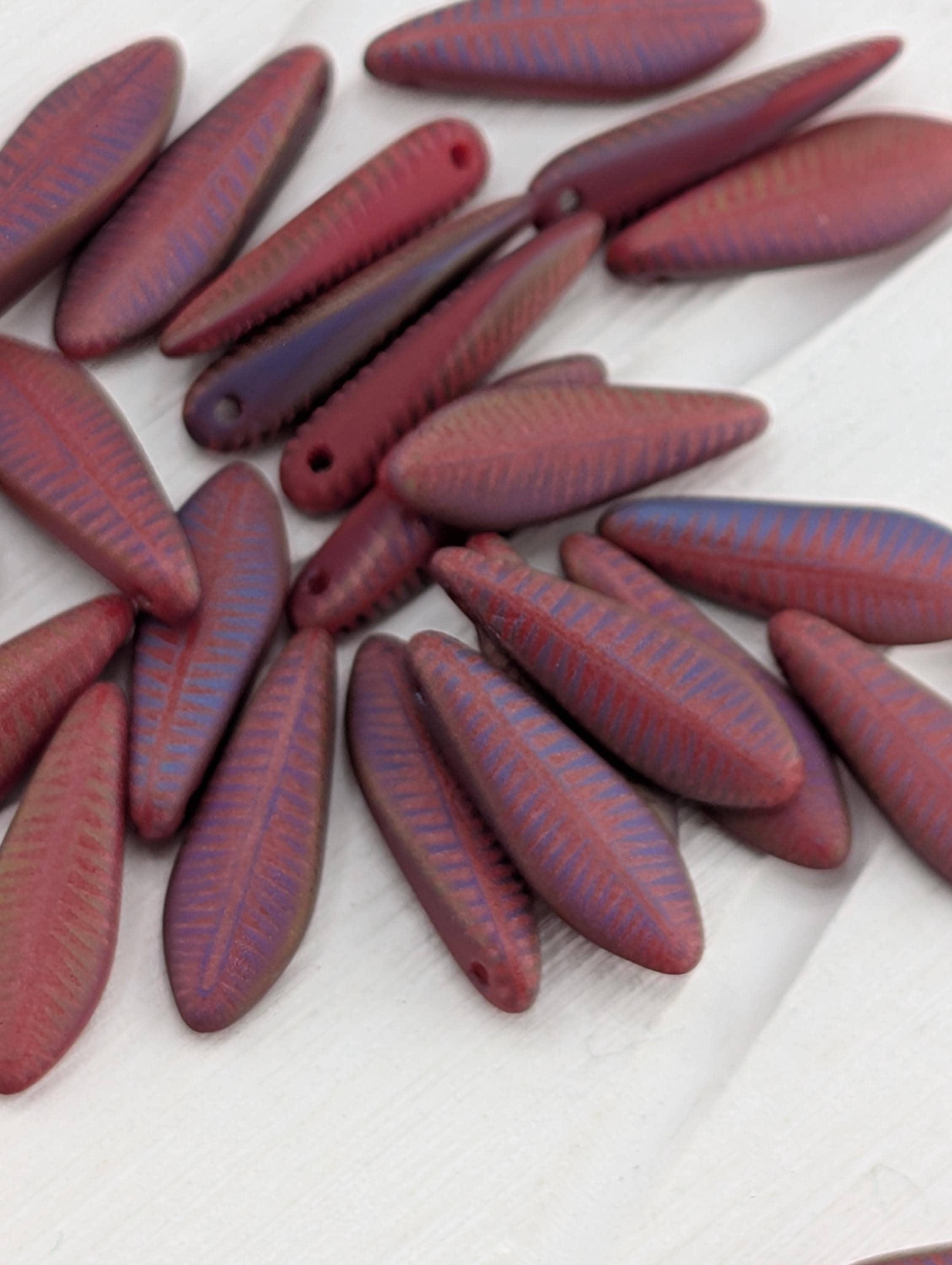 Laser Etched Design, Craft Bead Set 25pcs,Czech Feather Dagger Pendants Kit: Matte Herringbone Red