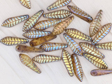 Laser Etched Design, Craft Bead Set 25pcs,Czech Feather Dagger Pendants Kit: Topaz & Gold Feather