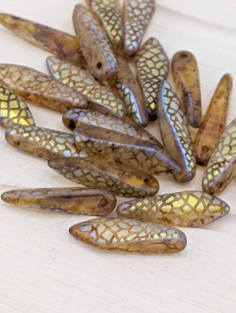 Laser Etched Design, Craft Bead Set 25pcs,Czech Feather Dagger Pendants Kit: Matte AB Crackle