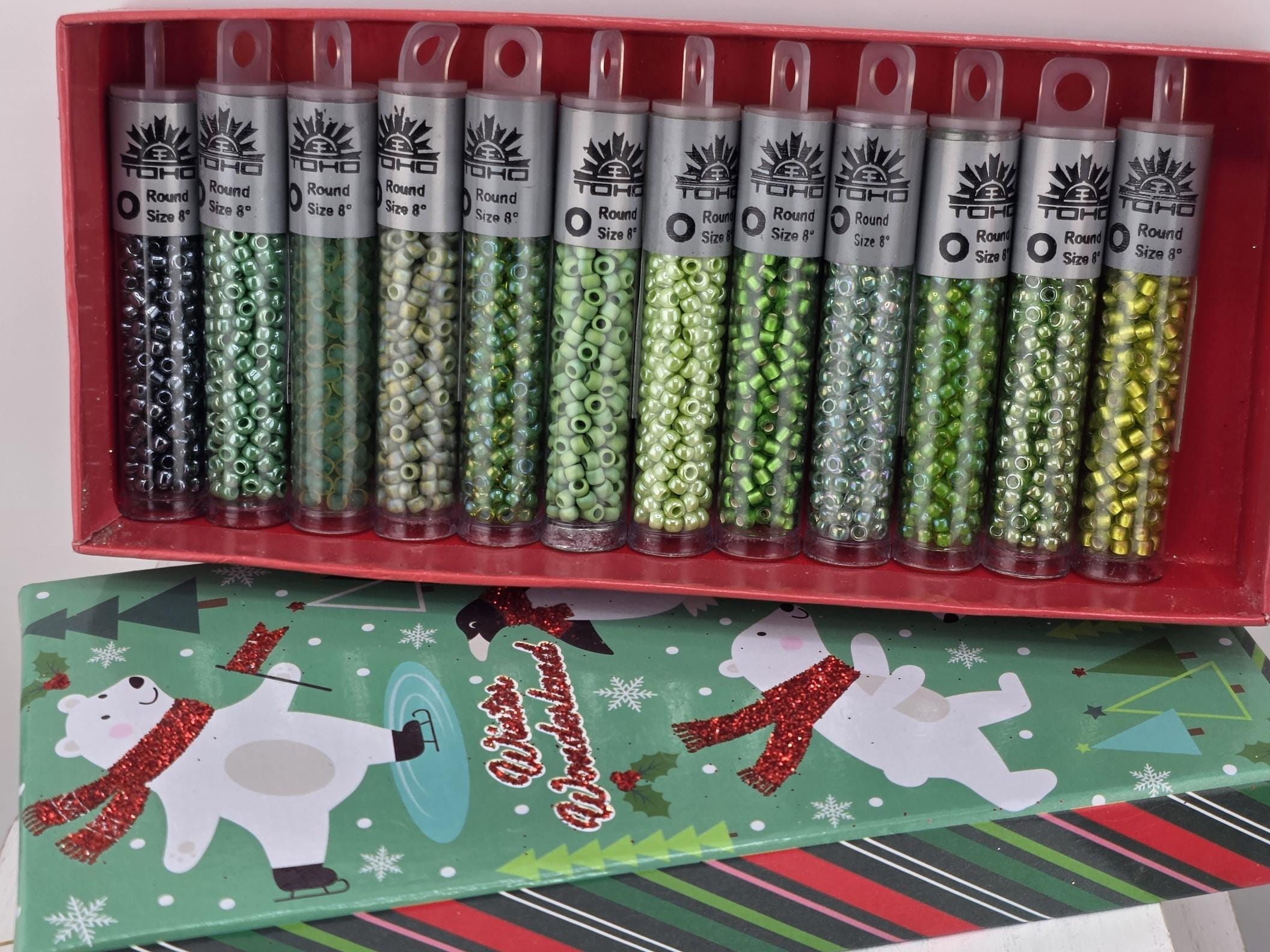 Green Toho Seed Beads, Size 8 (12 Tubes, Assorted Finishes)