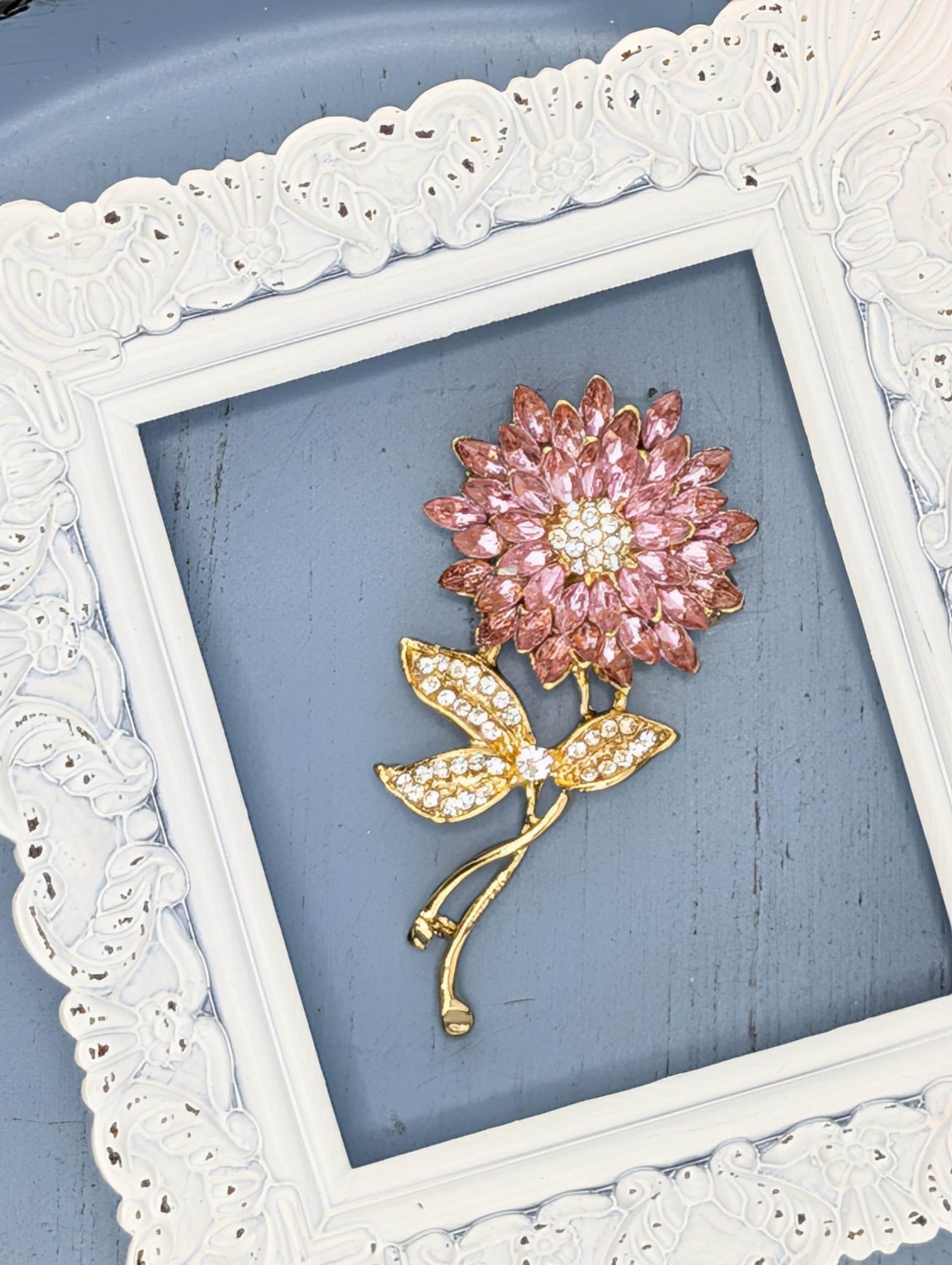 Gold Plated Flower Brooch, Pink Rhinestones, Enamel (Compact Size)