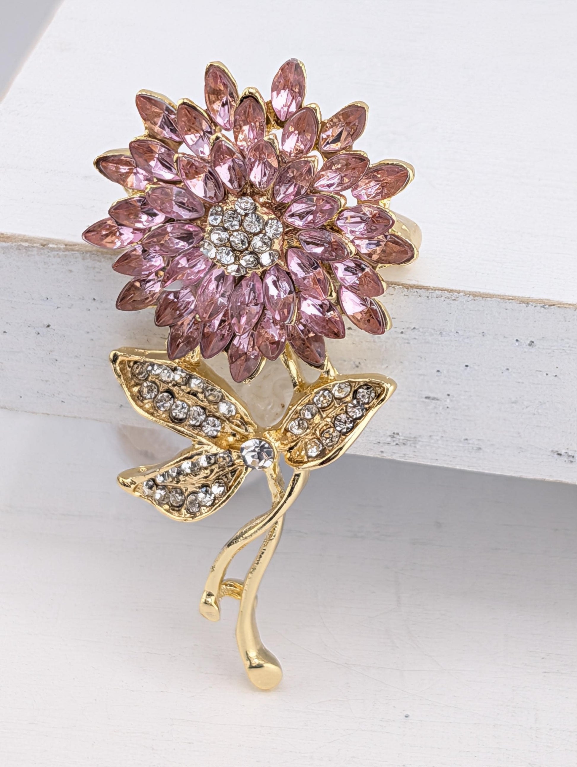 Gold Plated Flower Brooch, Pink Rhinestones, Enamel (Compact Size)