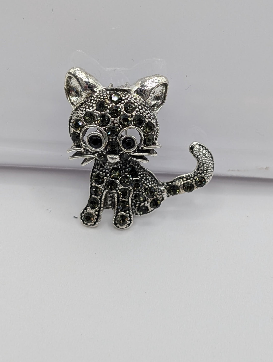 Whimsical Silver Cat Brooch, Black Rhinestones (1.5 Inch Sparkle Pin)