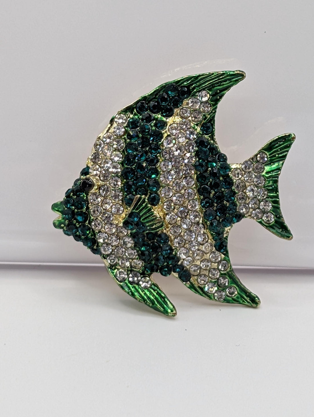 Gold Plated Fish Brooch, Emerald and CZ Rhinestones (Compact Size)