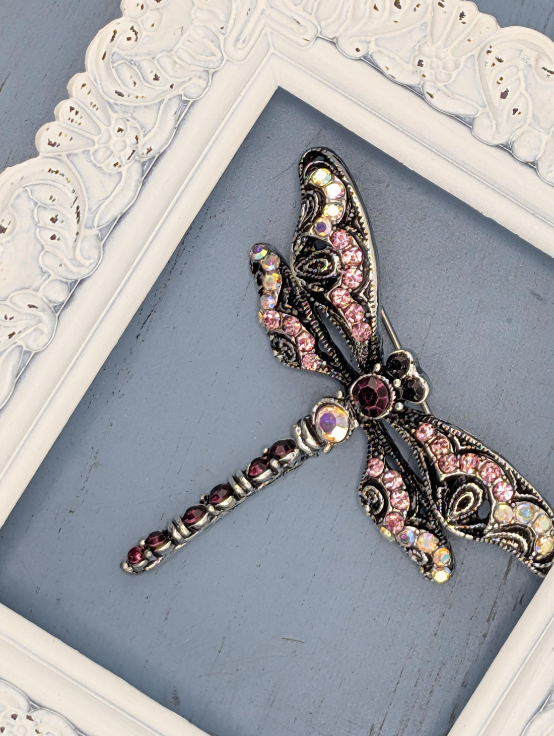 Nature-Inspired Silver Dragonfly Brooch, Rhinestones (2 Inch Pin)