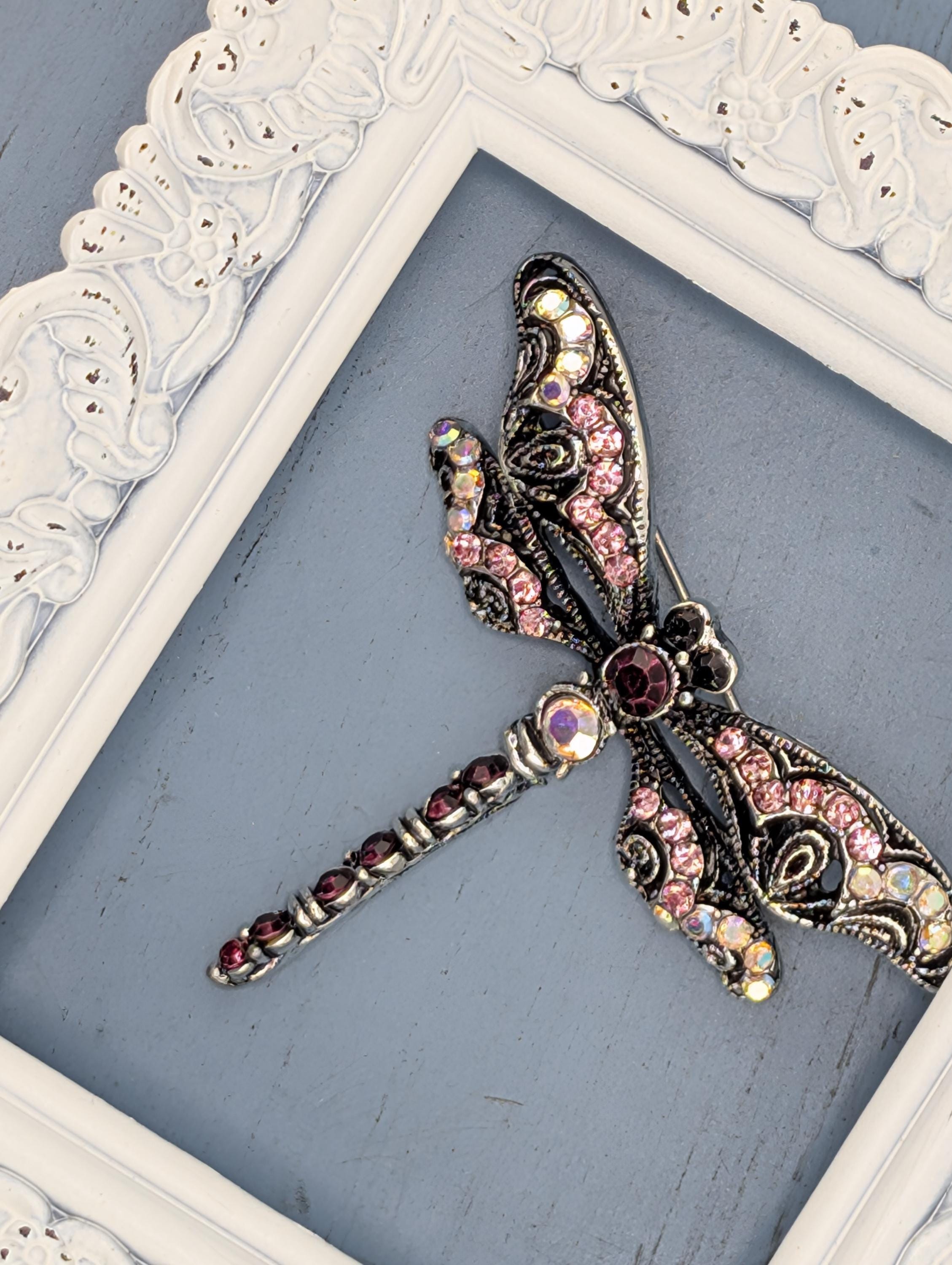Nature-Inspired Silver Dragonfly Brooch, Rhinestones (2 Inch Pin)