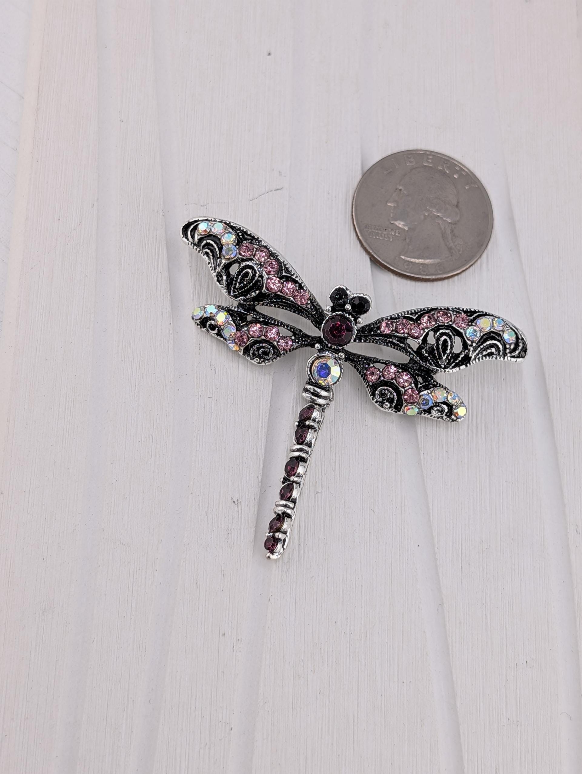 Nature-Inspired Silver Dragonfly Brooch, Rhinestones (2 Inch Pin)