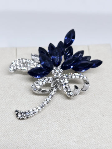 Sapphire Flower Brooch Pin - Silver Plated with Bright Rhinestones