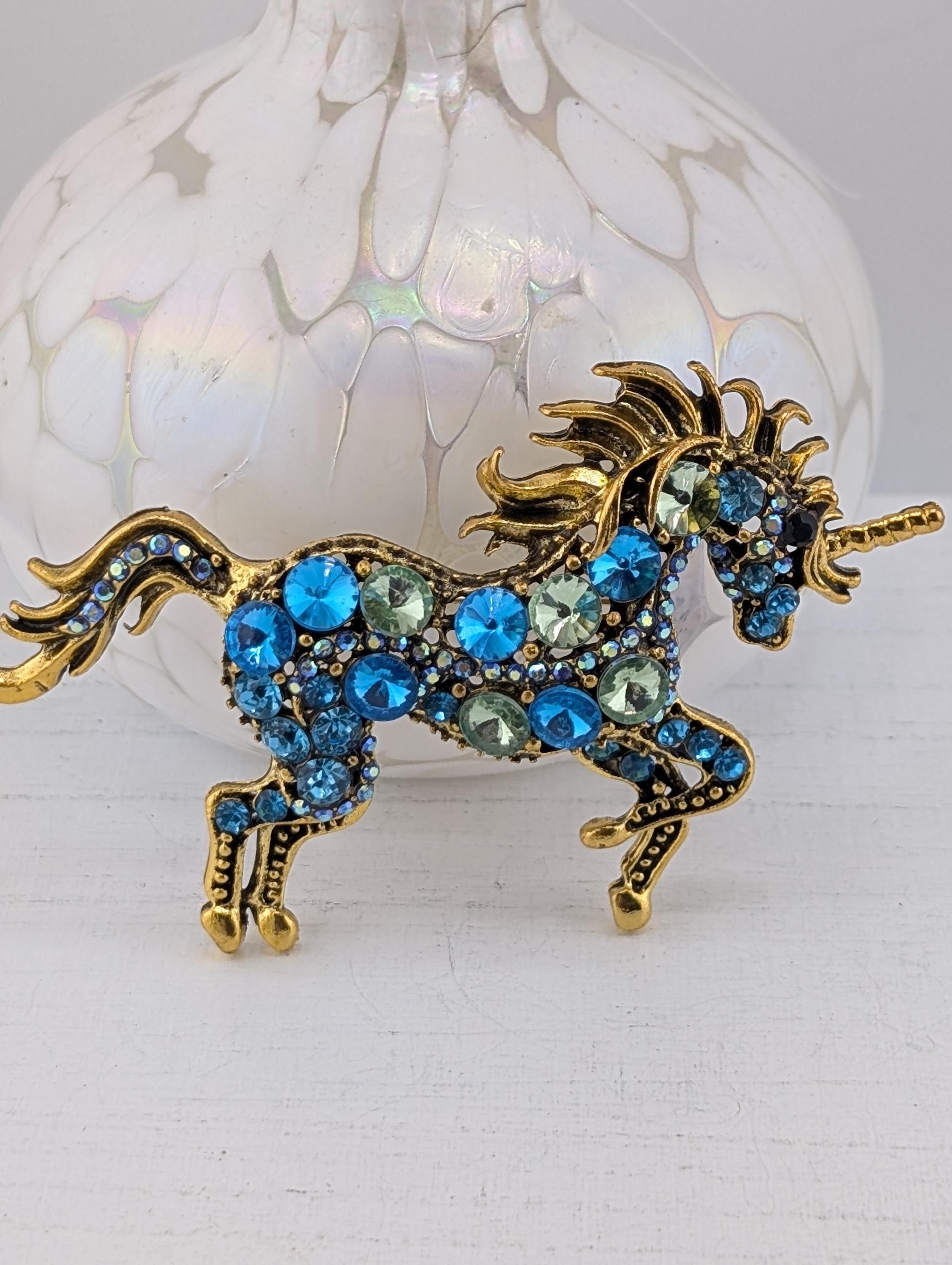 Gold Plated Unicorn Brooch - Sparkling Aqua Rhinestone Accent