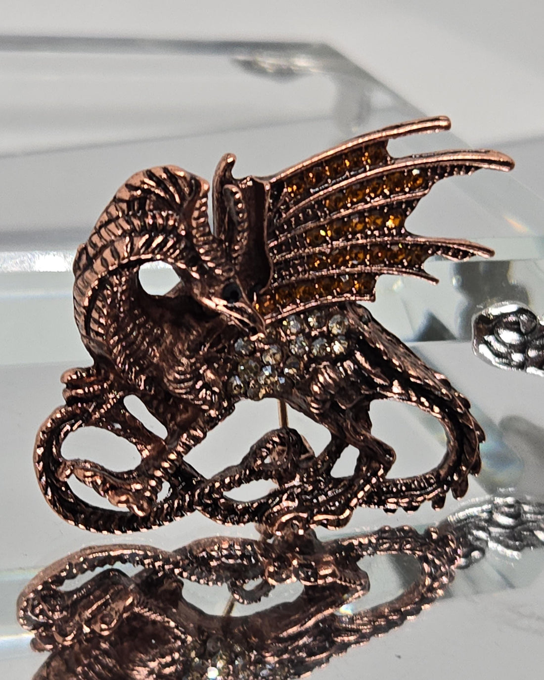 Dragon Brooch Pin: Gold Plated with Rhinestones - Secure Clasp