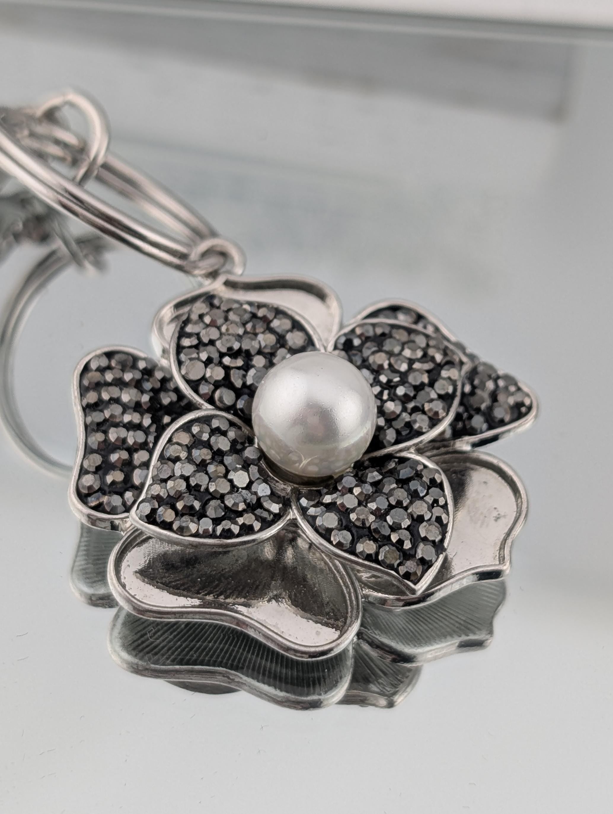 Silver Flower Charm Pendant - Enamel Accents and Sparkling Rhinestones