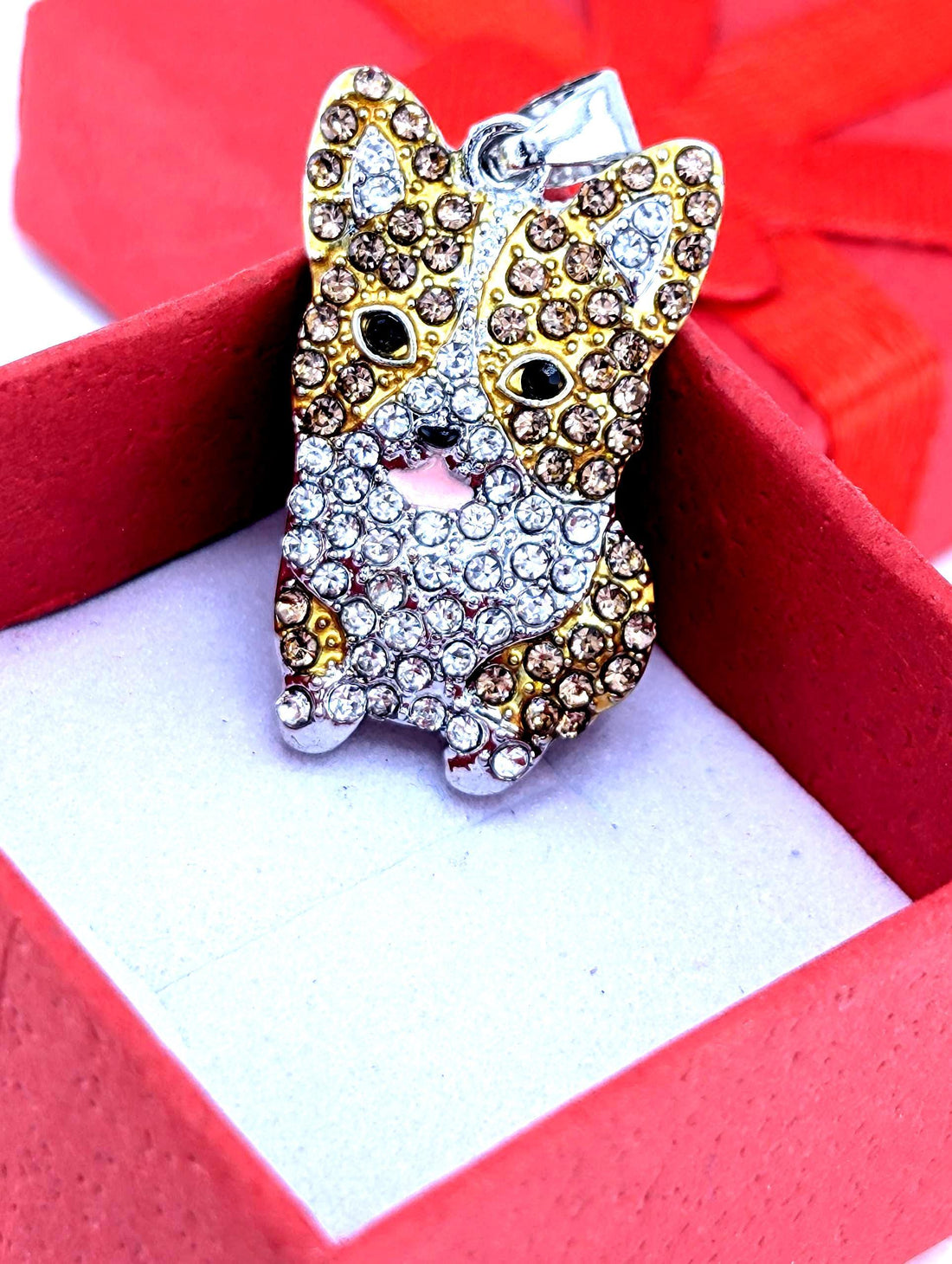 Silver Corgi Pendant - Rhinestone Sparkle with Pink Nose