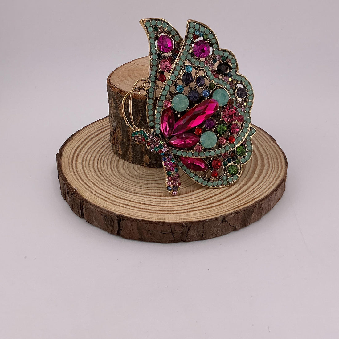 Colorful Crystal Butterfly Brooch: Gold Plated, Large Statement Pin