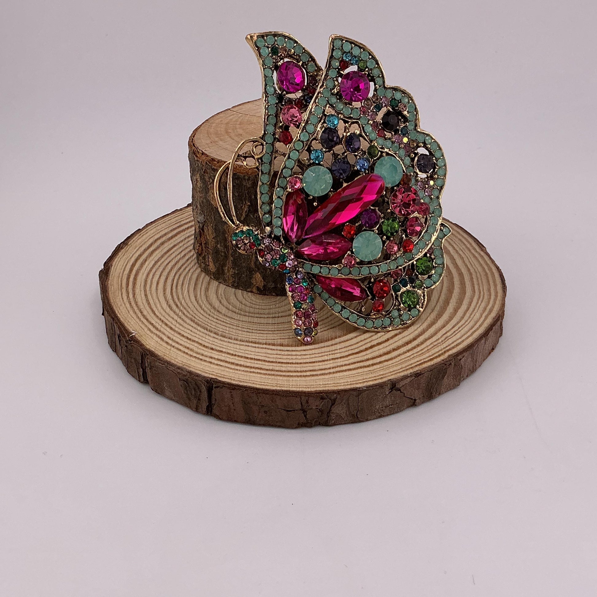 Colorful Crystal Butterfly Brooch: Gold Plated, Large Statement Pin