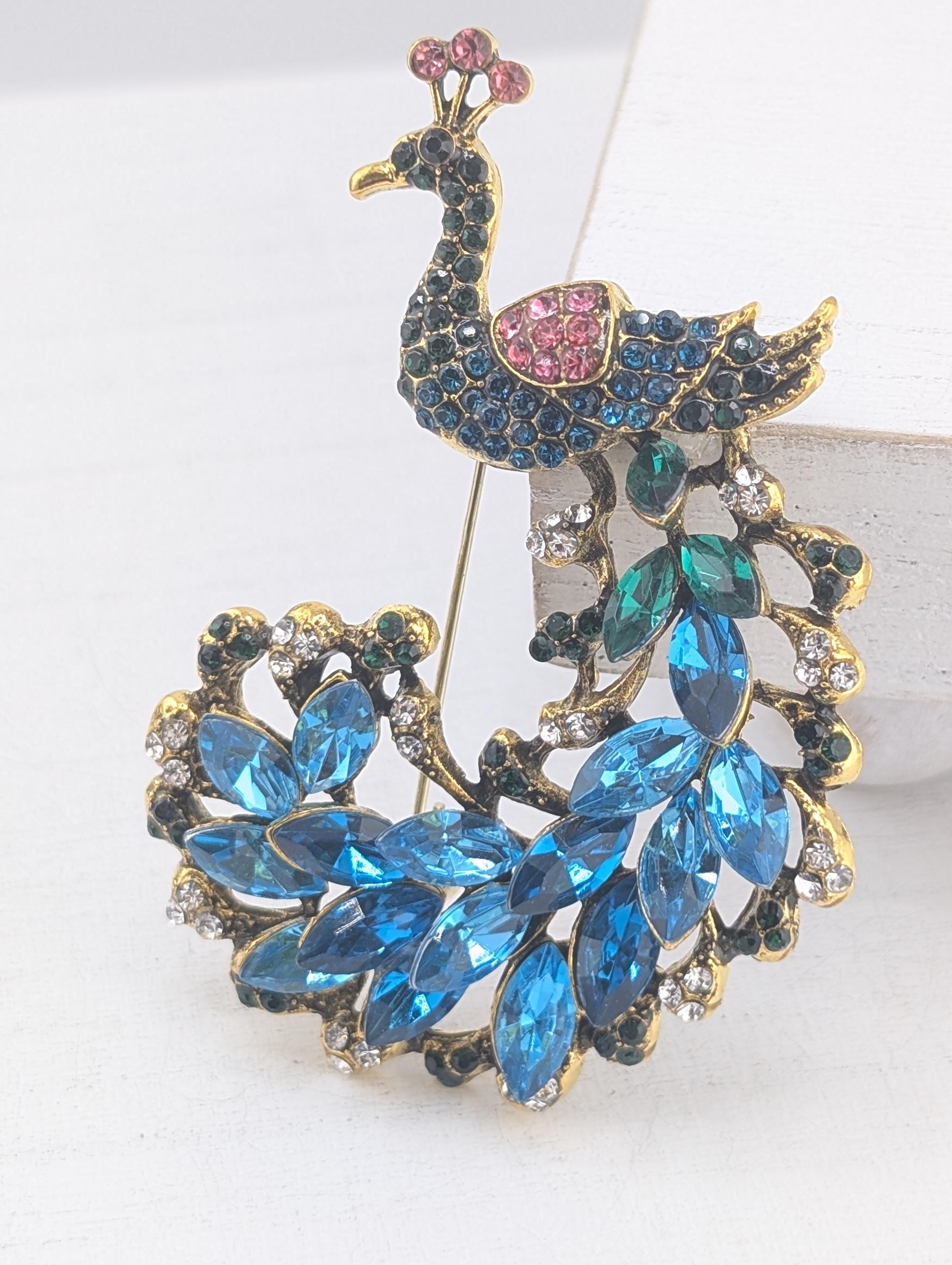 Peacock Brooch: Gold Plated with Aqua Rhinestones - Vintage Style Pin