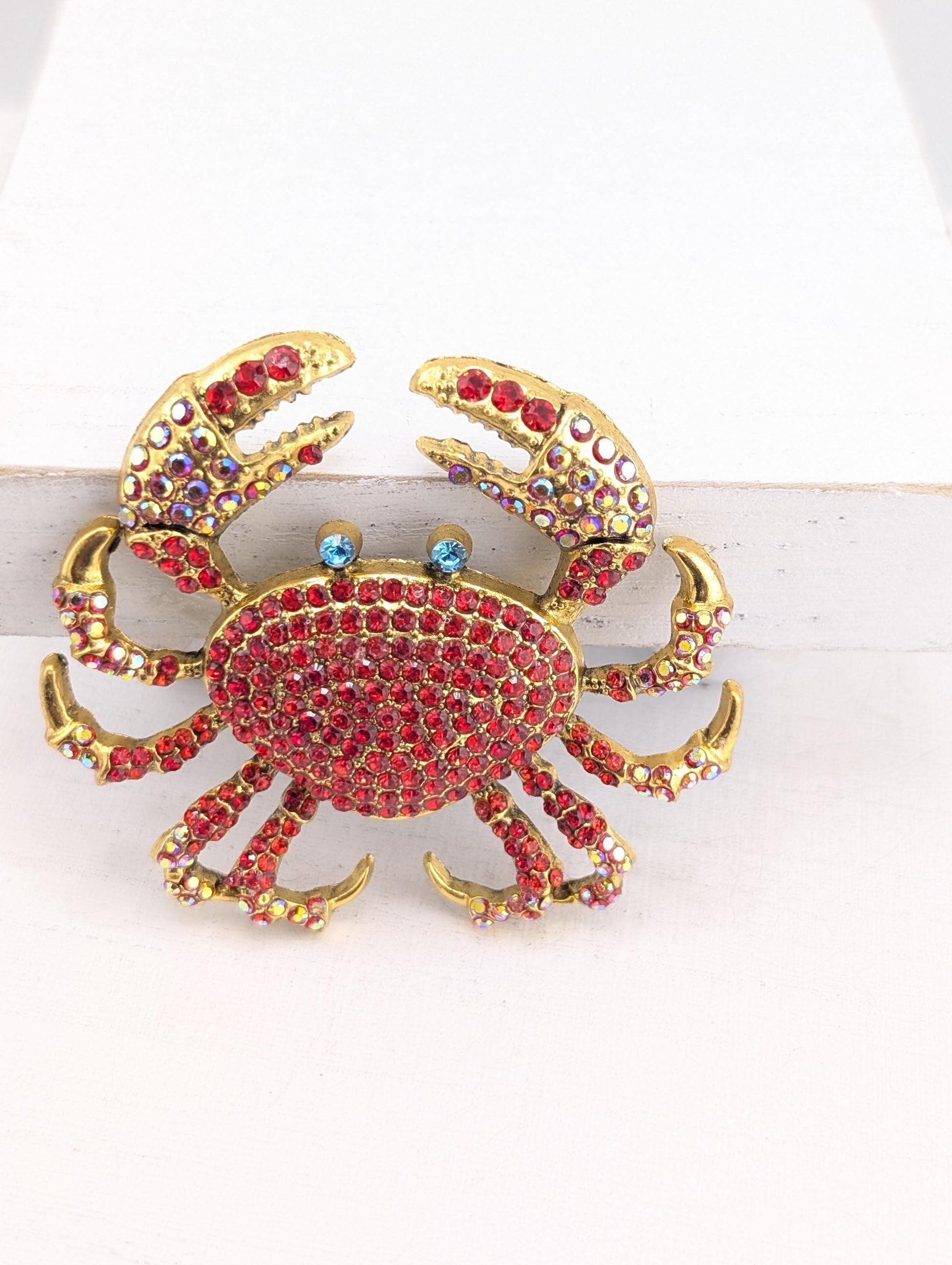 Gold Plated Crab Brooch: Coastal Pin with Red Rhinestones