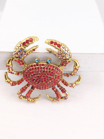 Gold Plated Crab Brooch: Coastal Pin with Red Rhinestones