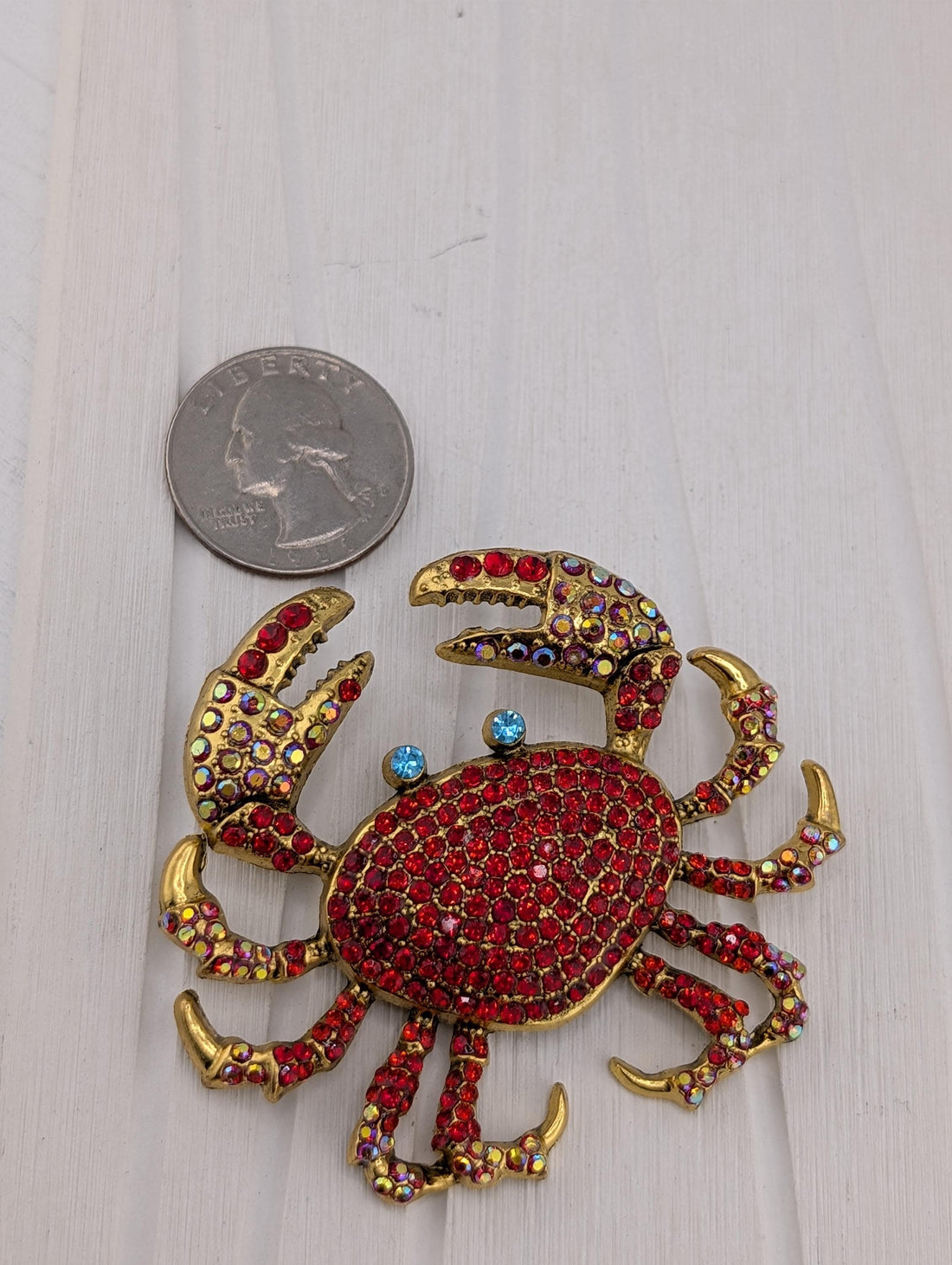 Gold Plated Crab Brooch: Coastal Pin with Red Rhinestones