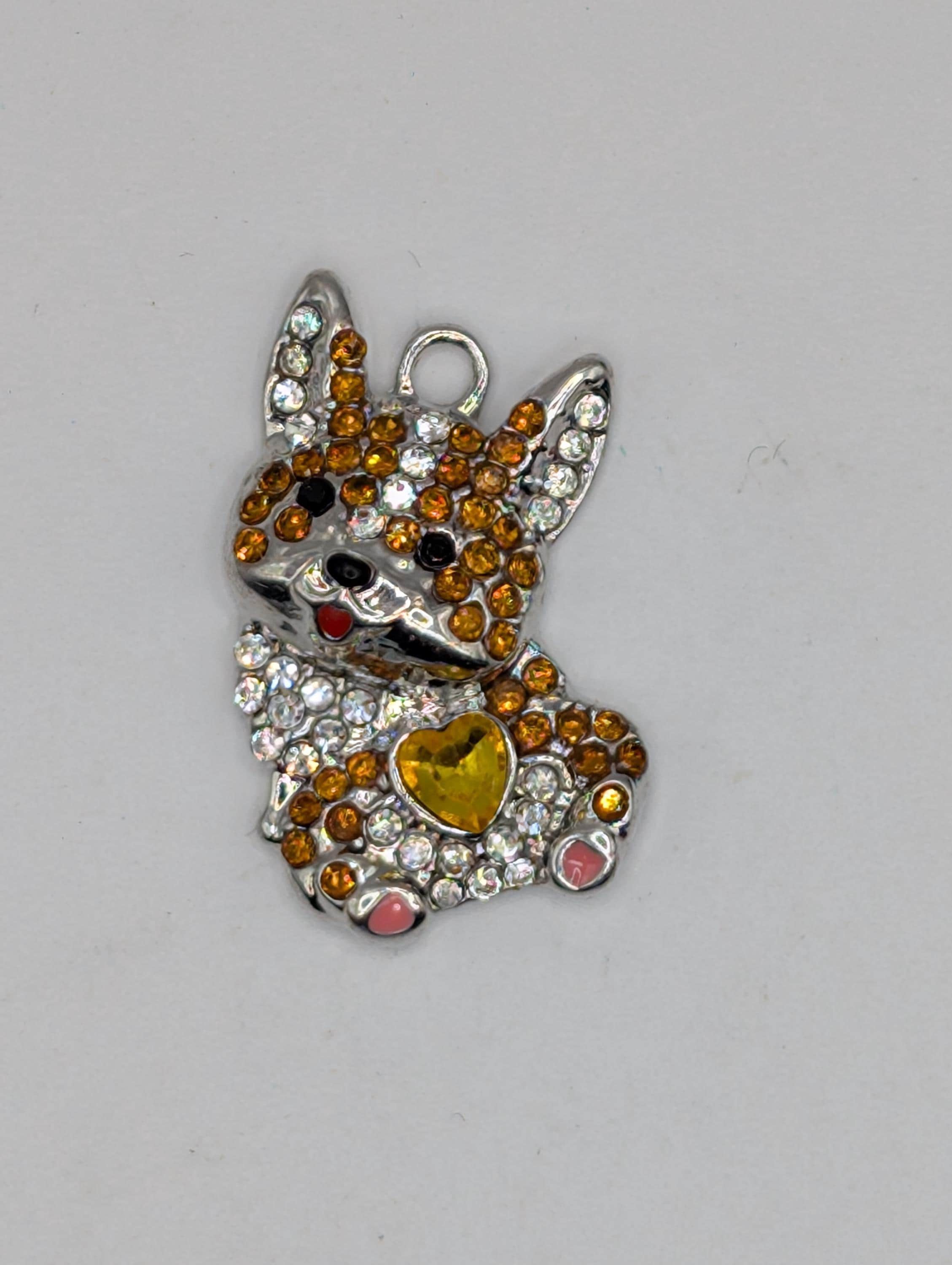 Silver Corgi Pendant - Yellow Heart and Sparkling Rhinestones