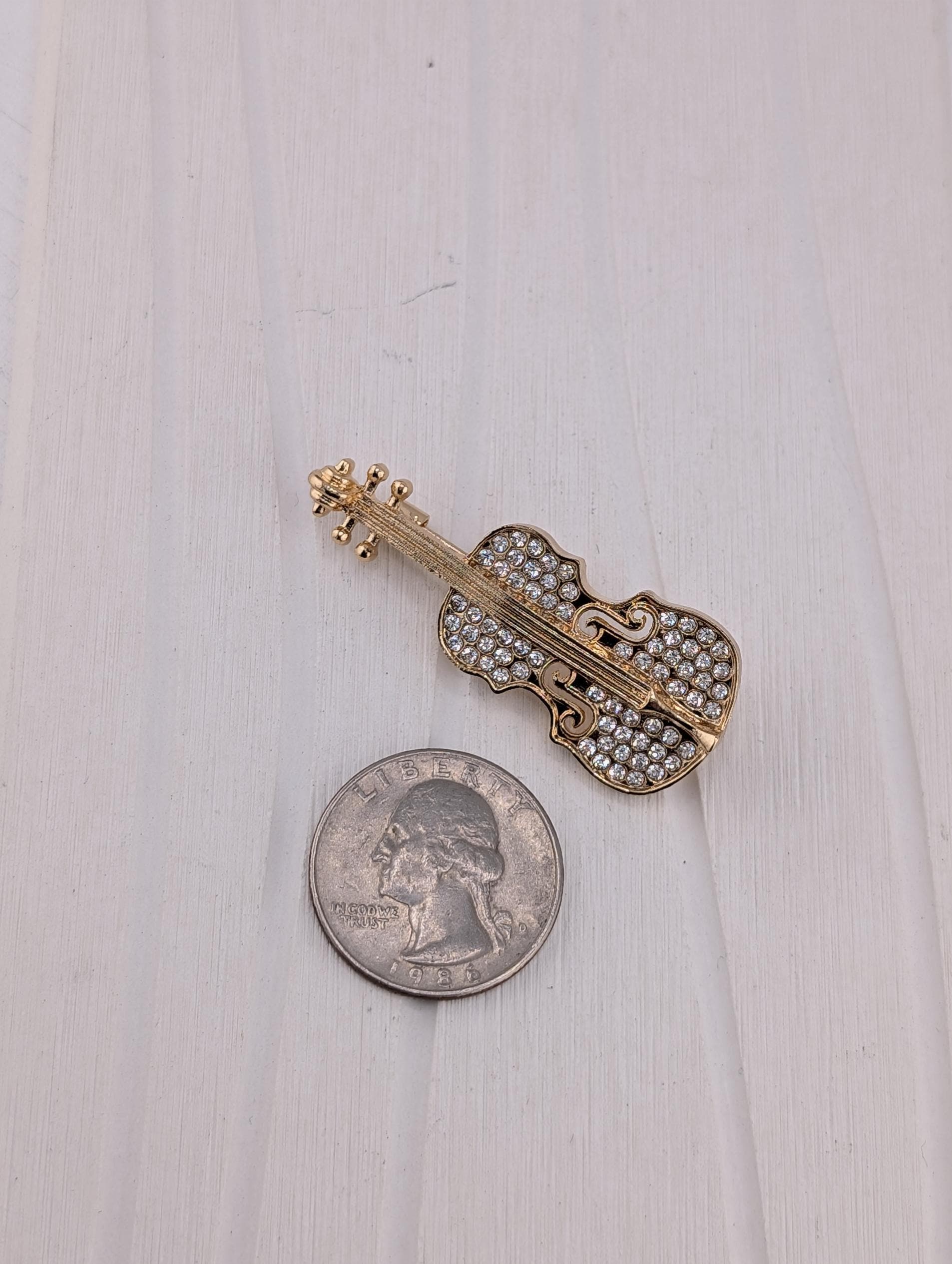 Violin Brooch Pin: Gold Tone with Rhinestones - Elegant Music Accessory