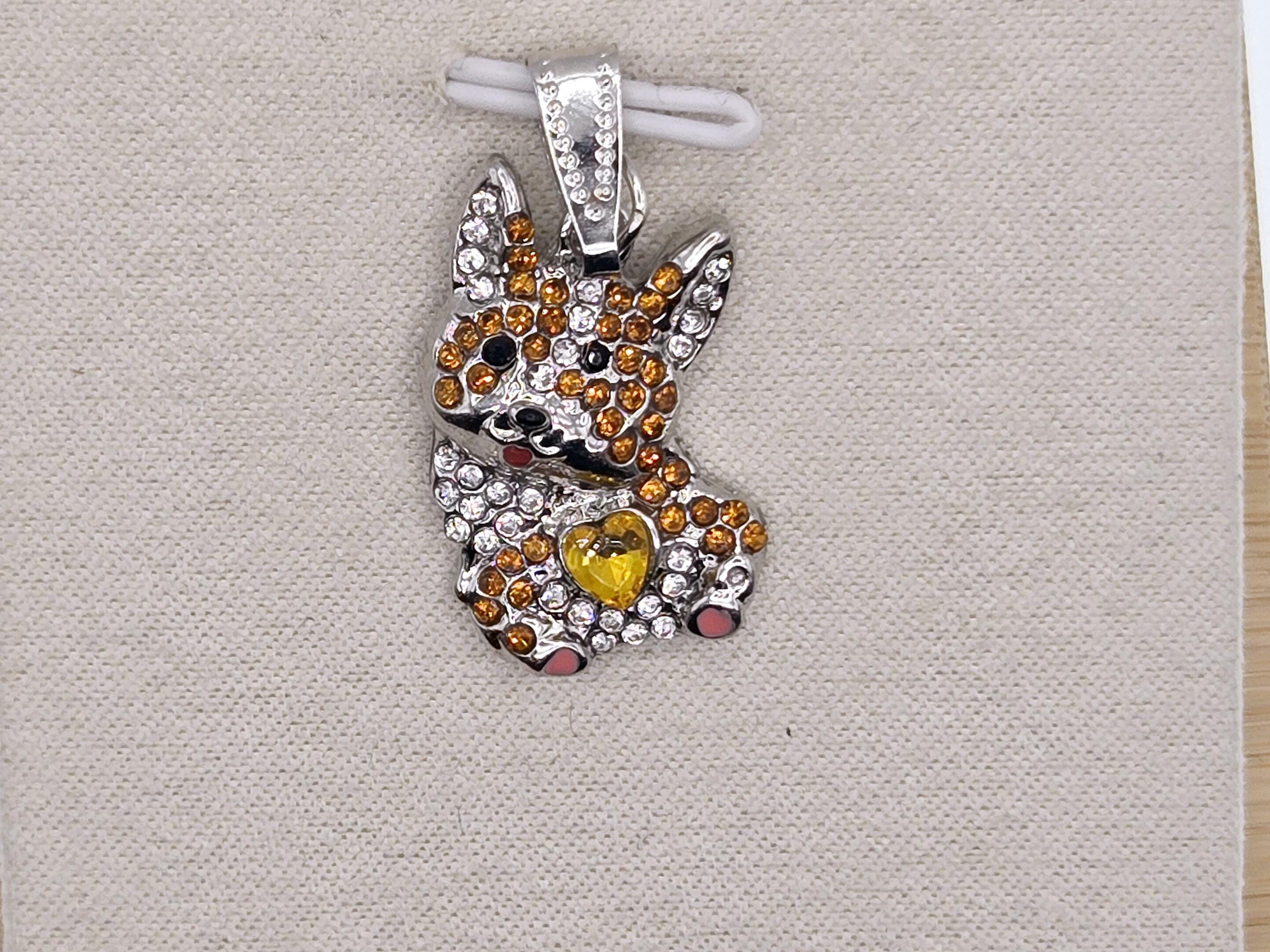 Silver Corgi Pendant - Yellow Heart and Sparkling Rhinestones