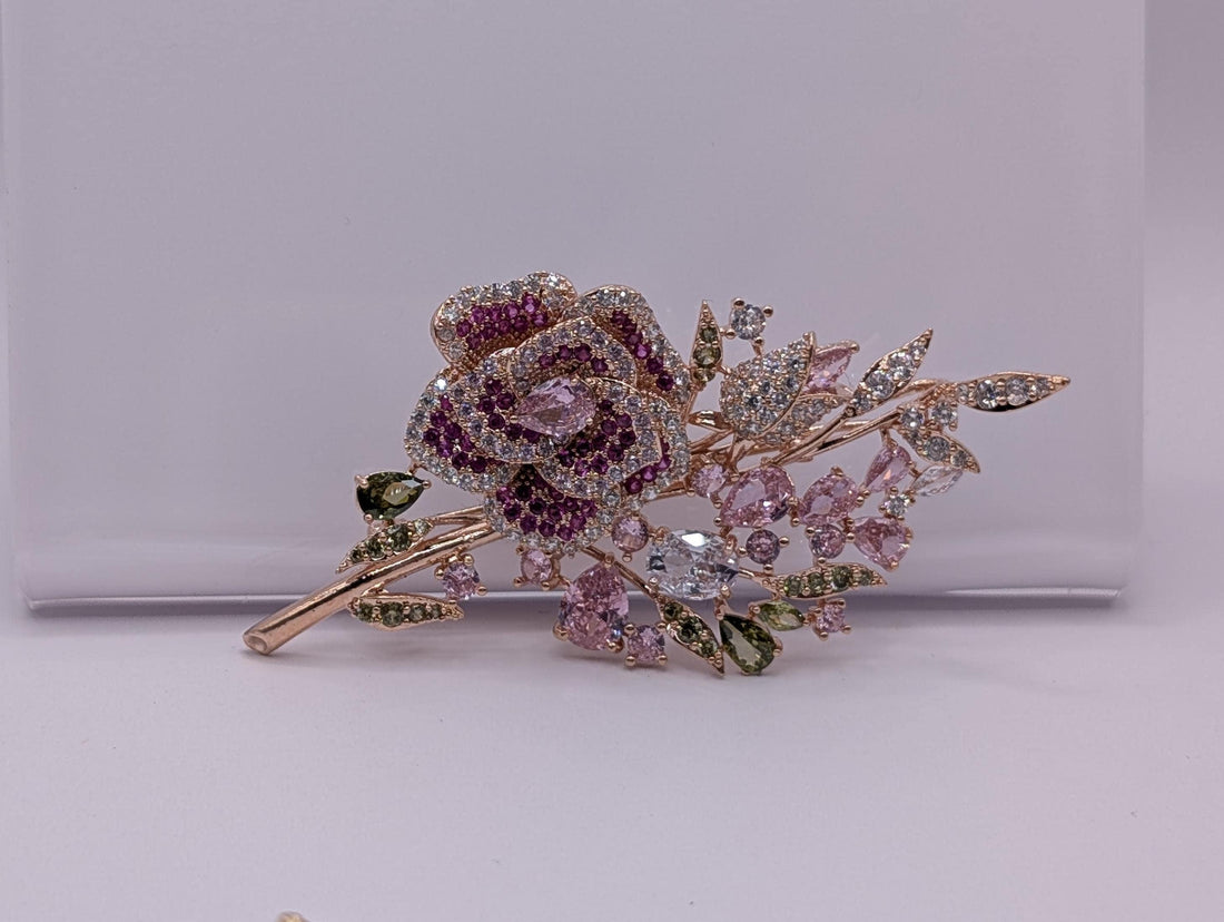 Floral Brooch Pin: Rose Gold Tone with Sparkling Rhinestones - Lightweight