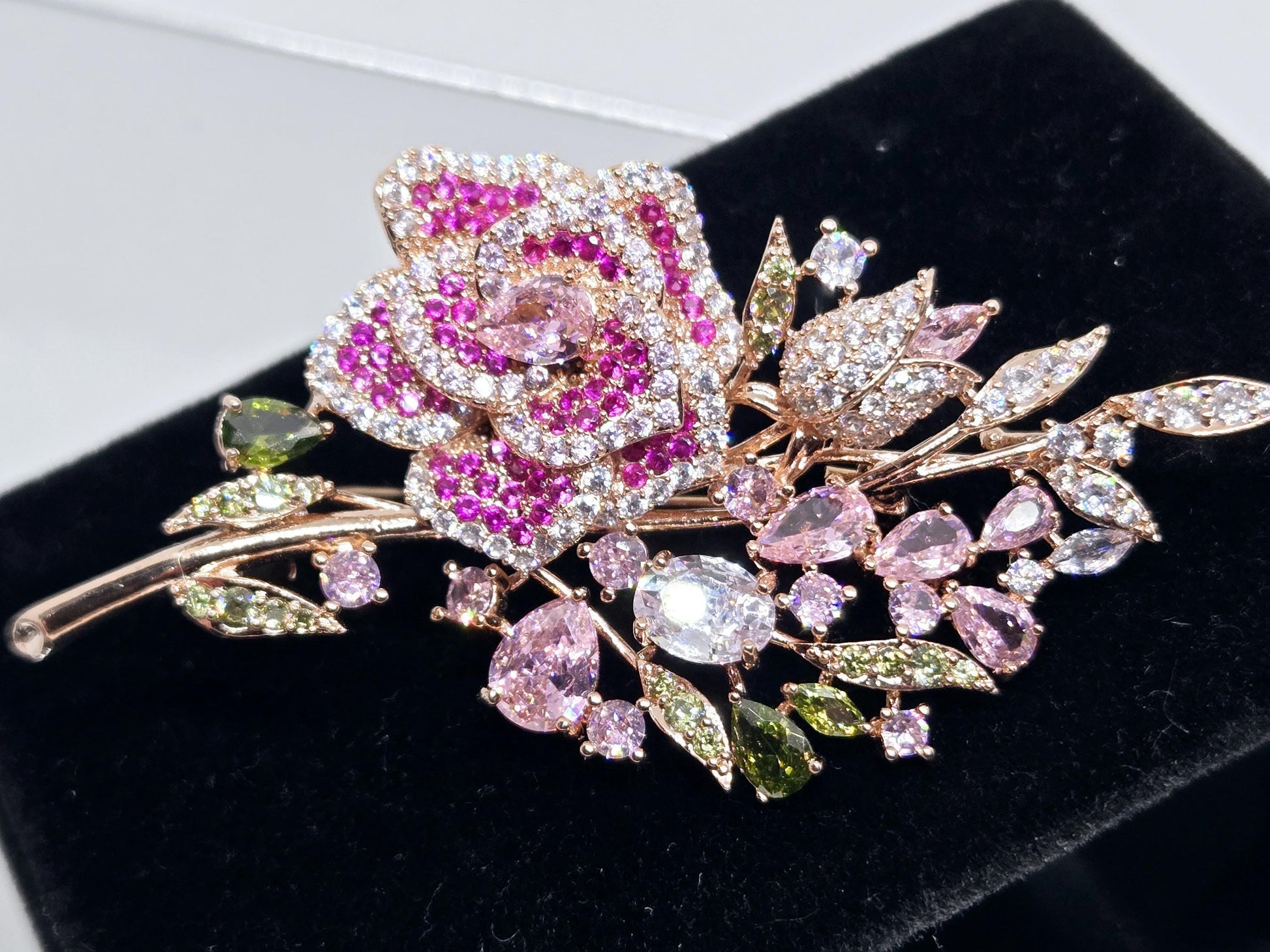 Floral Brooch Pin: Rose Gold Tone with Sparkling Rhinestones - Lightweight