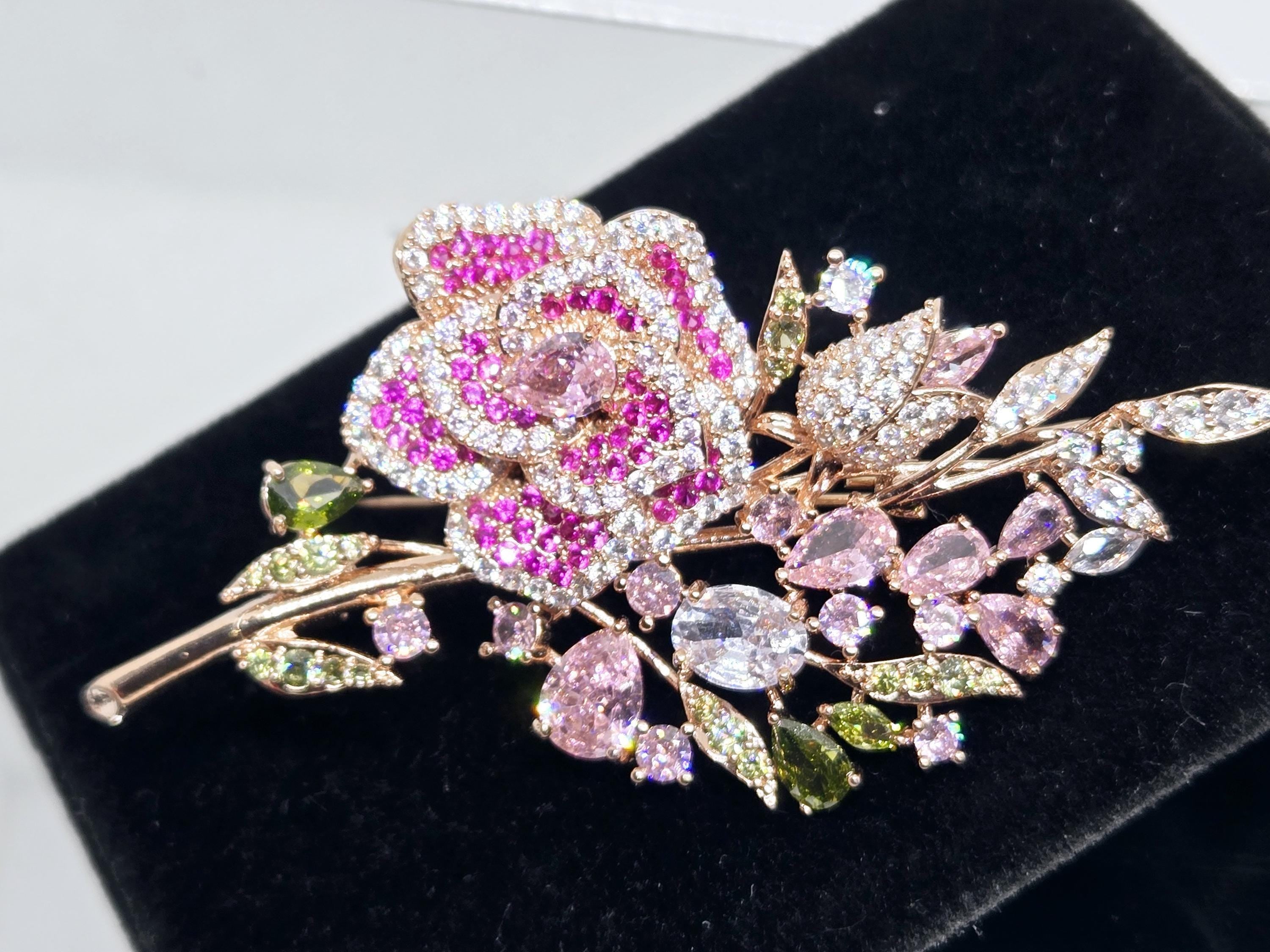 Floral Brooch Pin: Rose Gold Tone with Sparkling Rhinestones - Lightweight