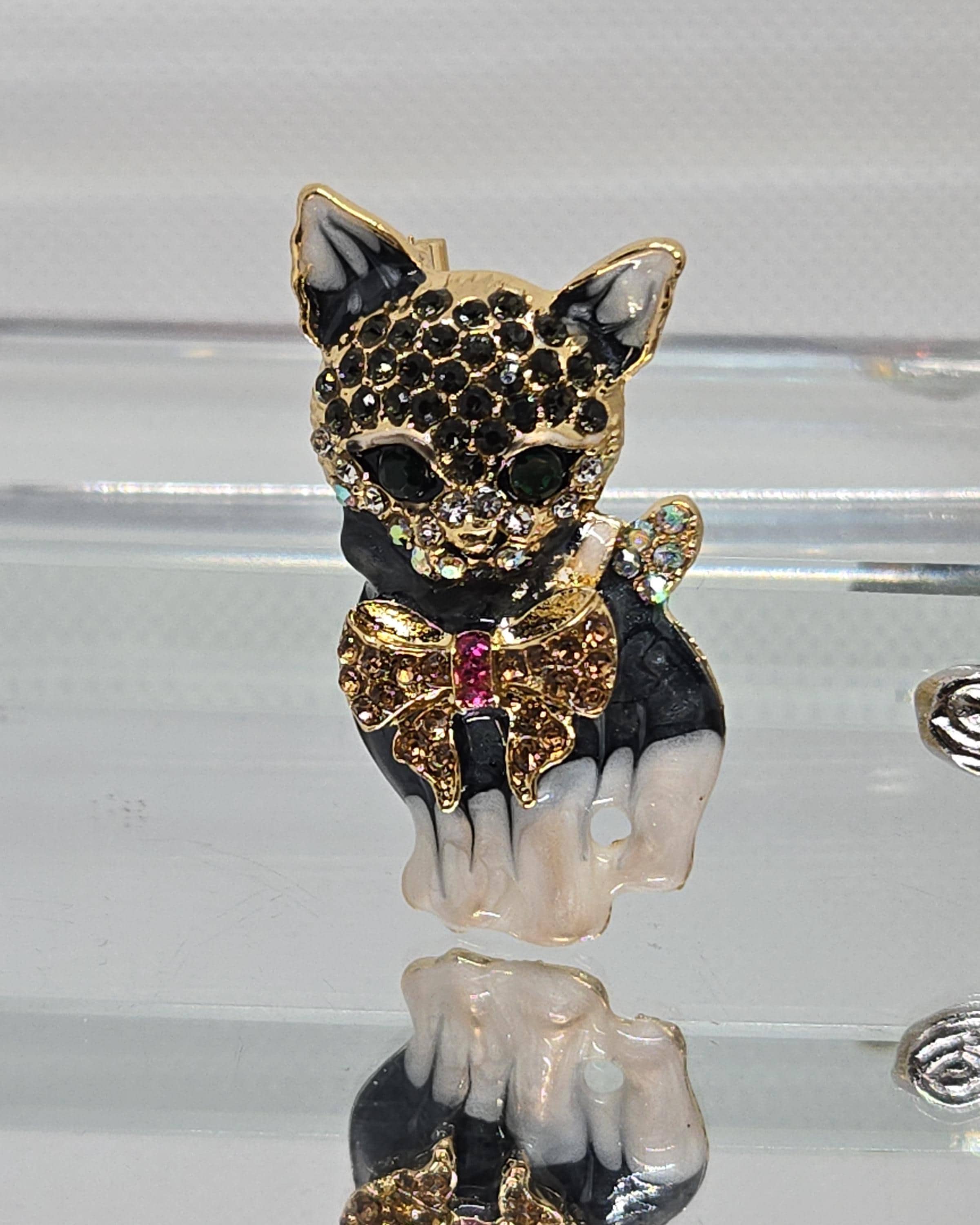 Playful Cat Brooch: Gold Plated Pin with Bowtie Accent