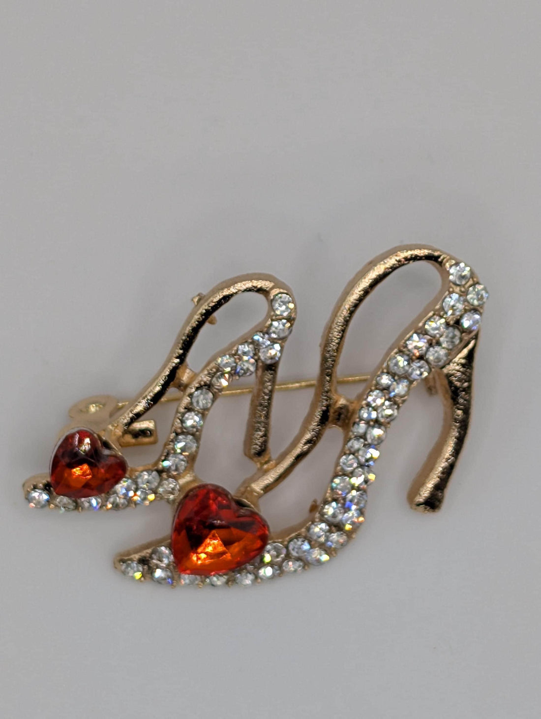 Gold Plated High Heel Brooch: Ruby Rhinestone Accent