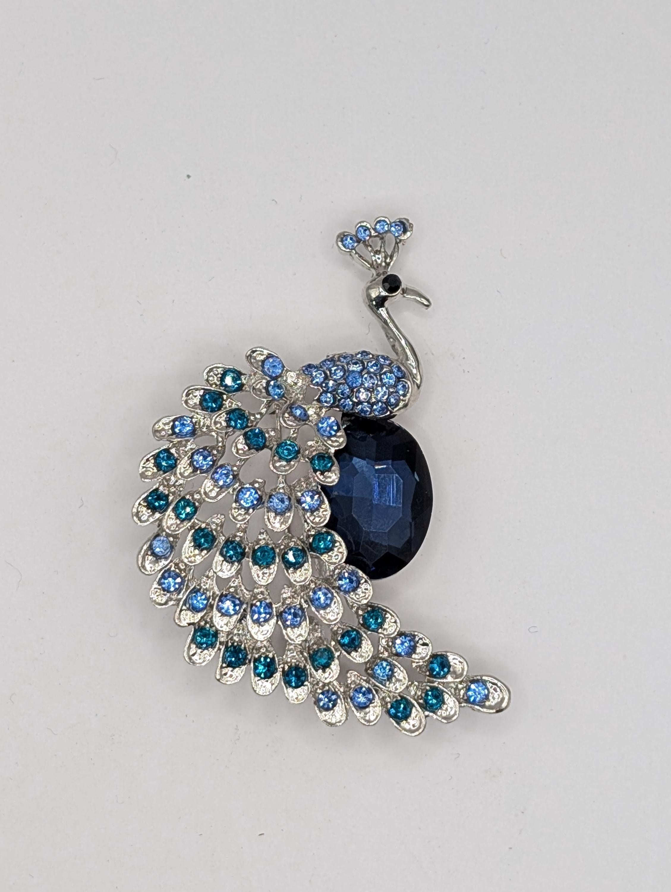 Colorful Peacock Brooch - Silver Plated Feather Pin