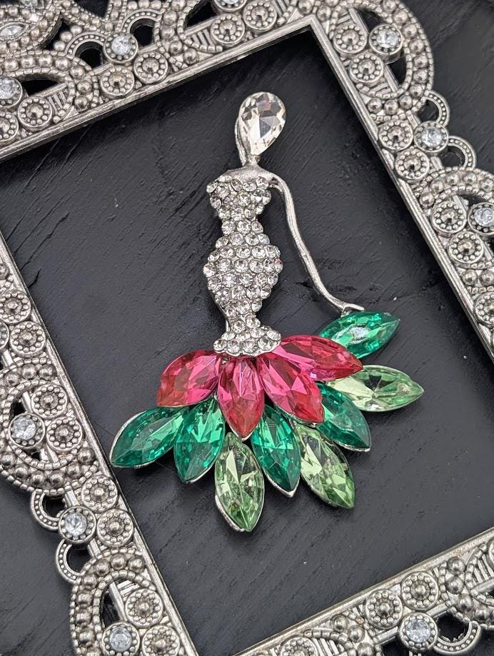 Vintage Lady Brooch Pin - Silver Tone with Pink and Green Rhinestones