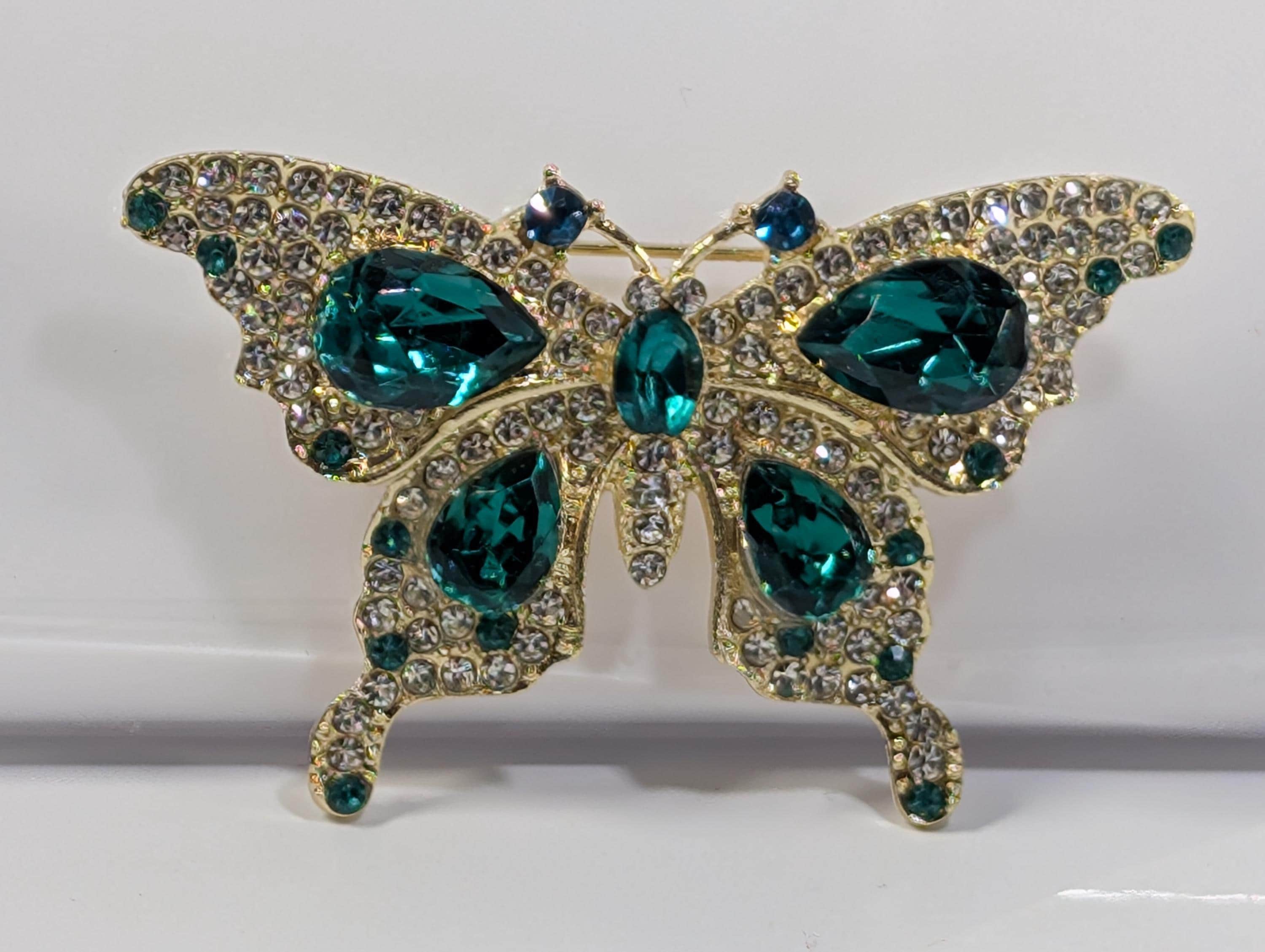 Butterfly Brooch: Gold Plated with Emerald Rhinestones - Lightweight Pin