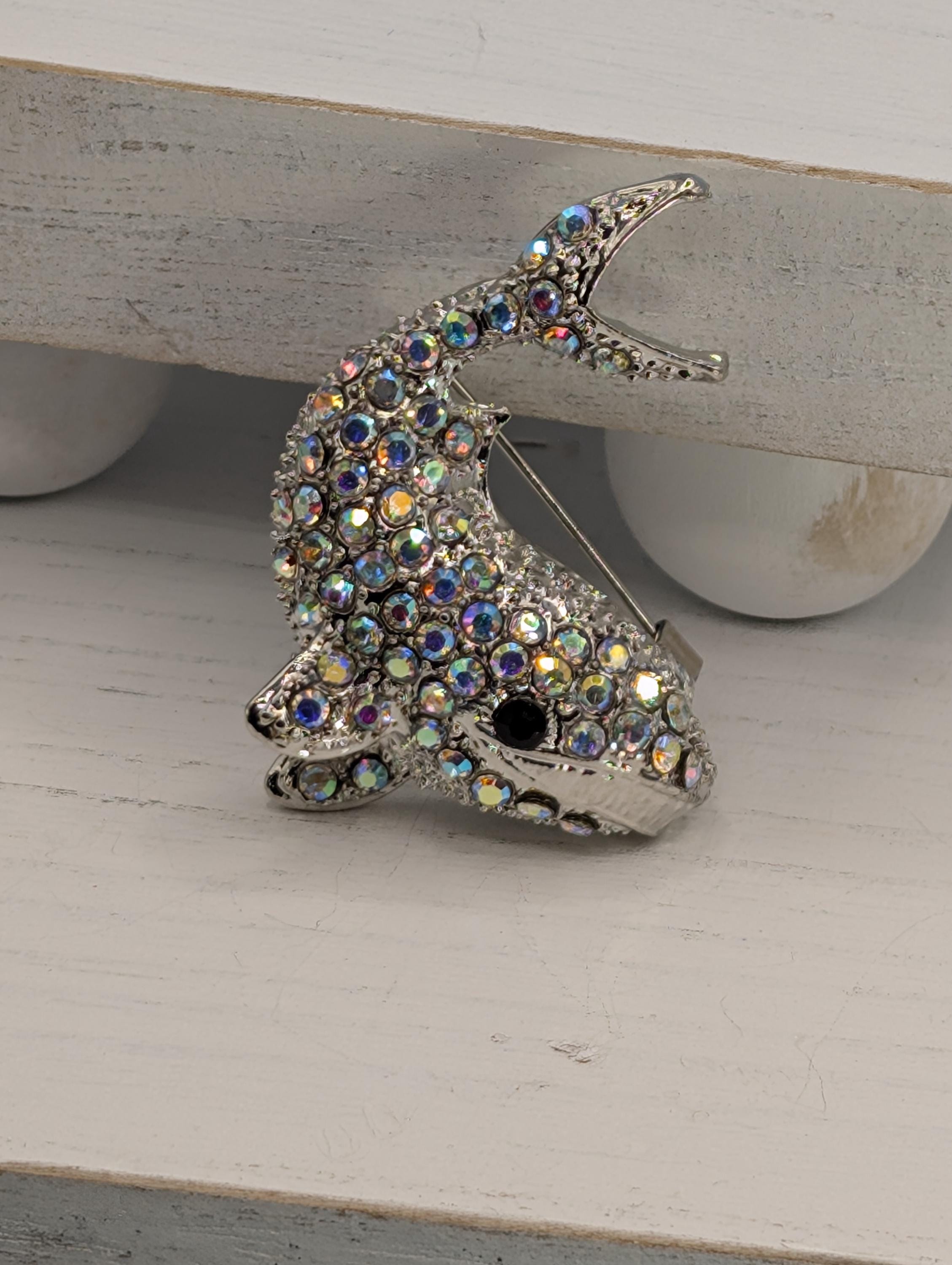 Silver Whale Brooch: CZ Crystal Detail, Wear as Pin or Charm