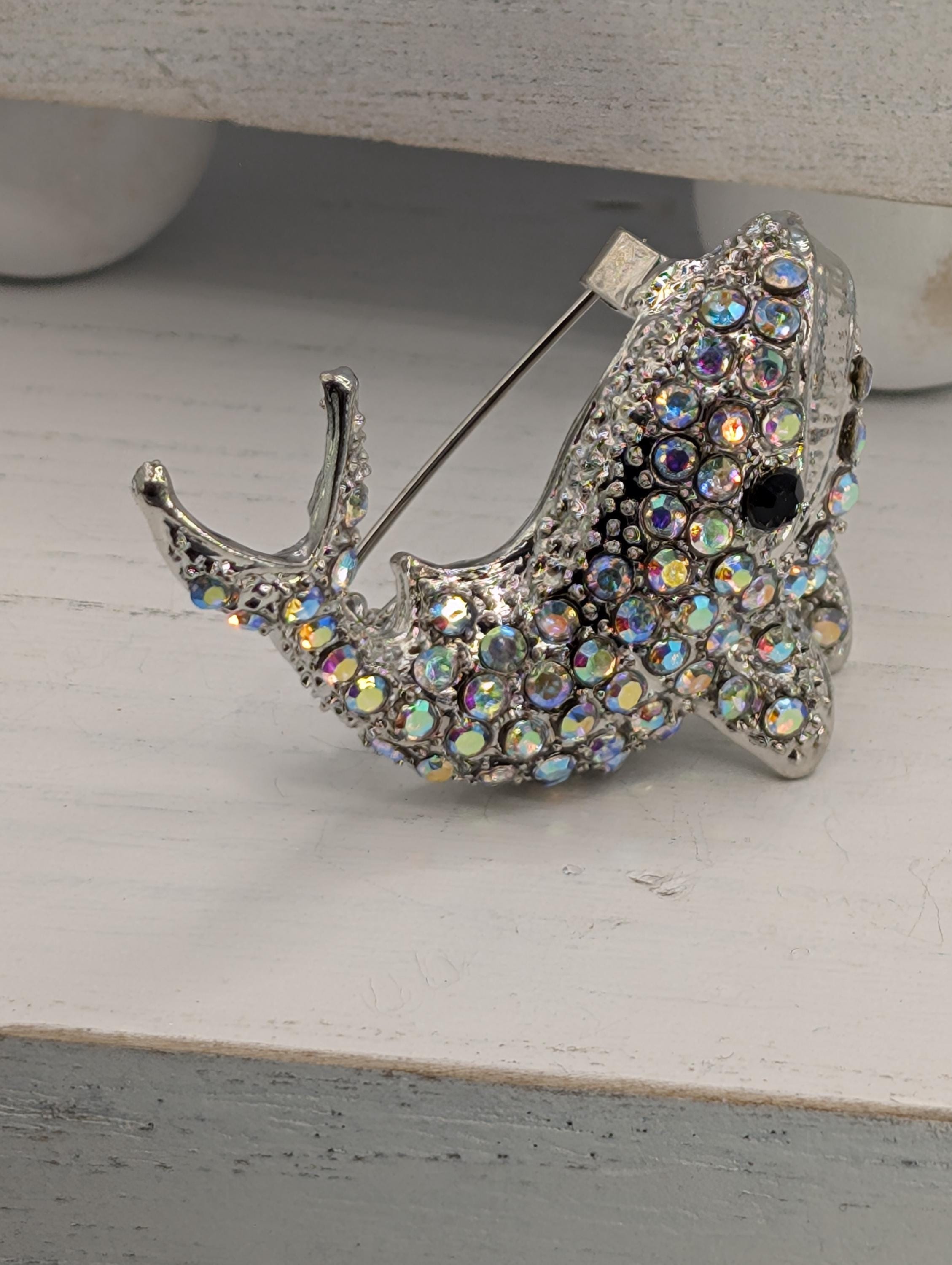 Silver Whale Brooch: CZ Crystal Detail, Wear as Pin or Charm